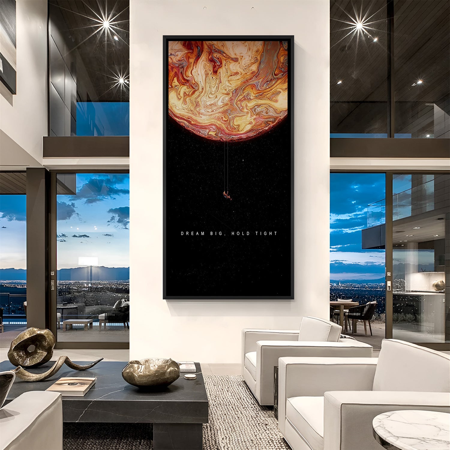 Dream Big astronaut wall art in black footer frame with motivational quote and surreal space theme