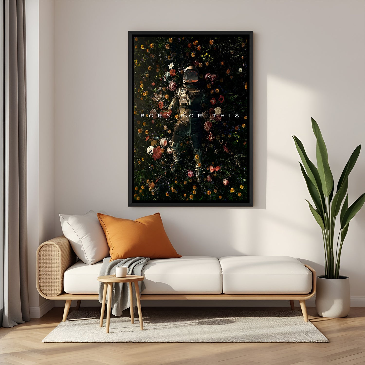 Space-themed canvas painting showing an astronaut resting on flowers with an empowering quote – ideal for home, office, or studio.