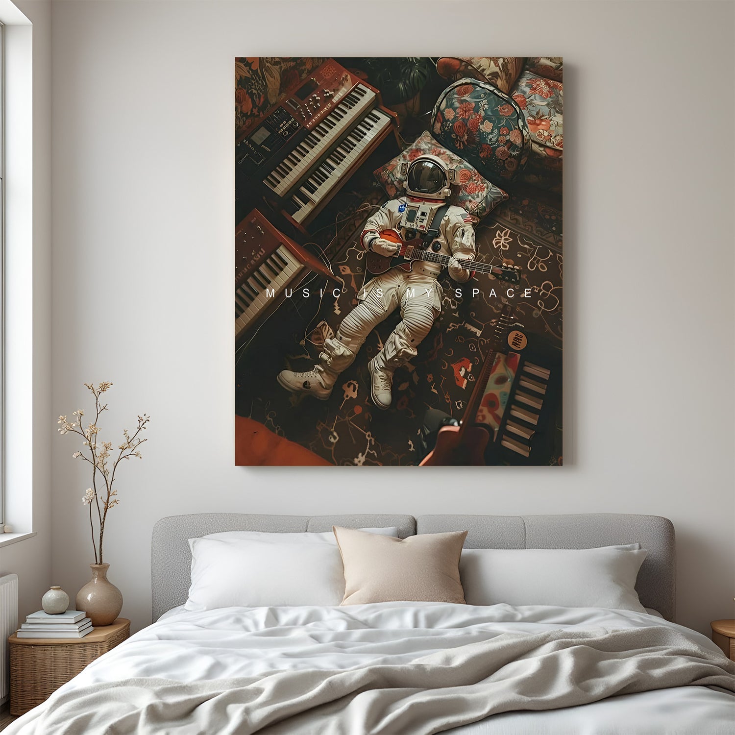 astronaut playing guitar lying in space canvas wall art with “Music is my space” quote, perfect for music lovers and space-themed room decor