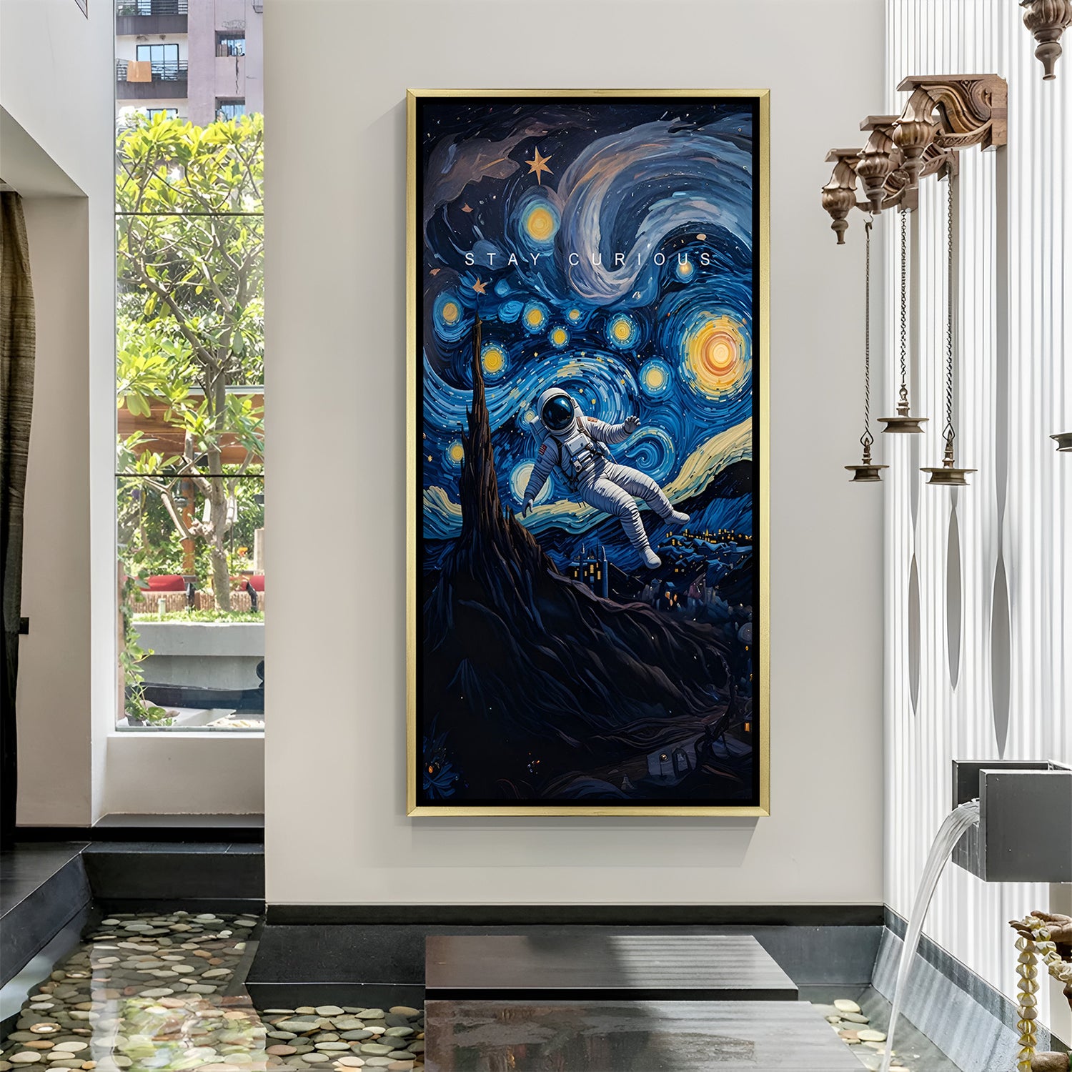 Stay Curious wall art with astronaut in golden footer frame – space themed canvas for home or office