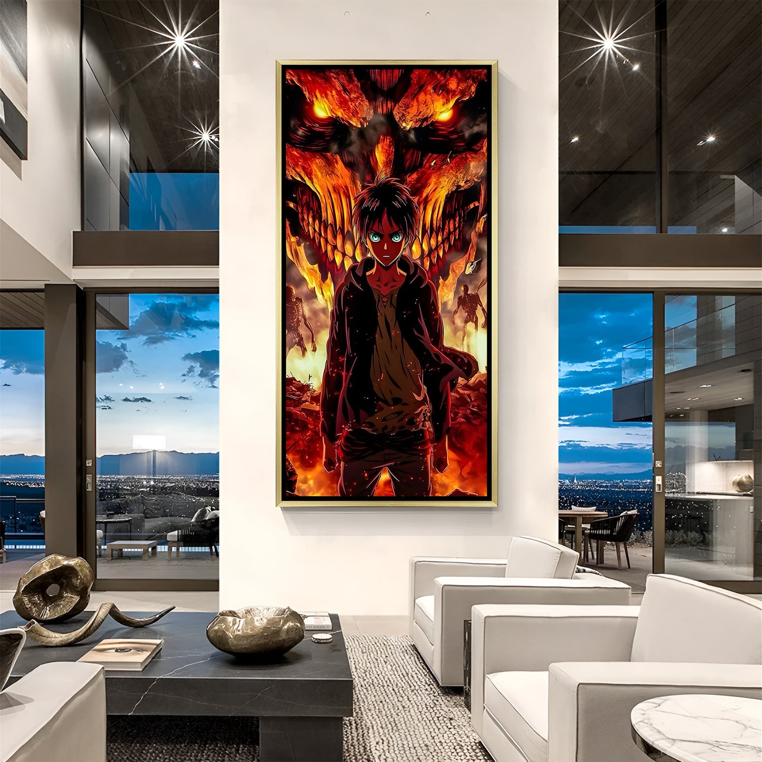 Attack on Titan wall art in luxury golden floater frame with fiery anime titan design