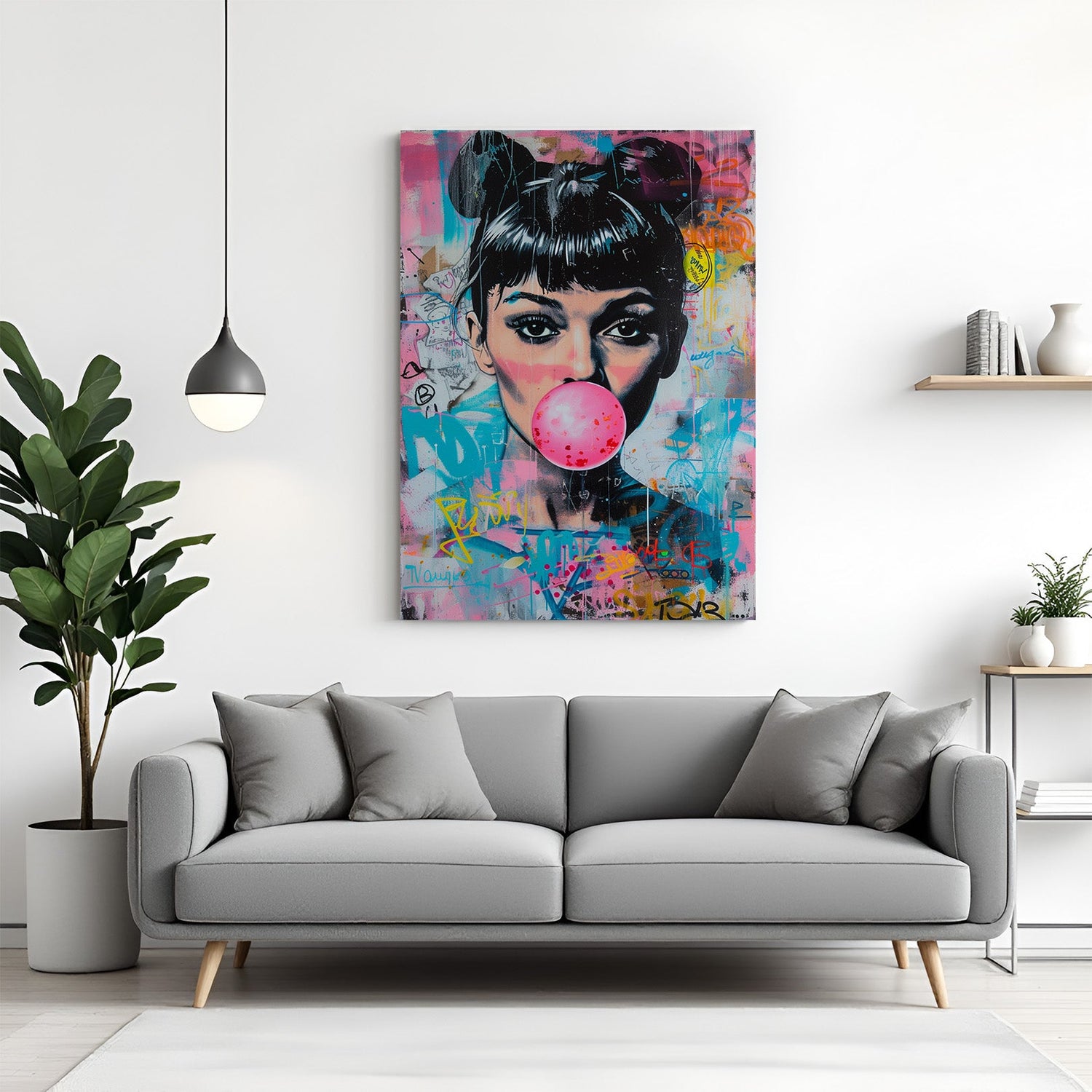 Modern canvas print of Audrey Hepburn blowing bubble gum, combining timeless elegance with quirky pop culture style for fashionable home and office wall decor