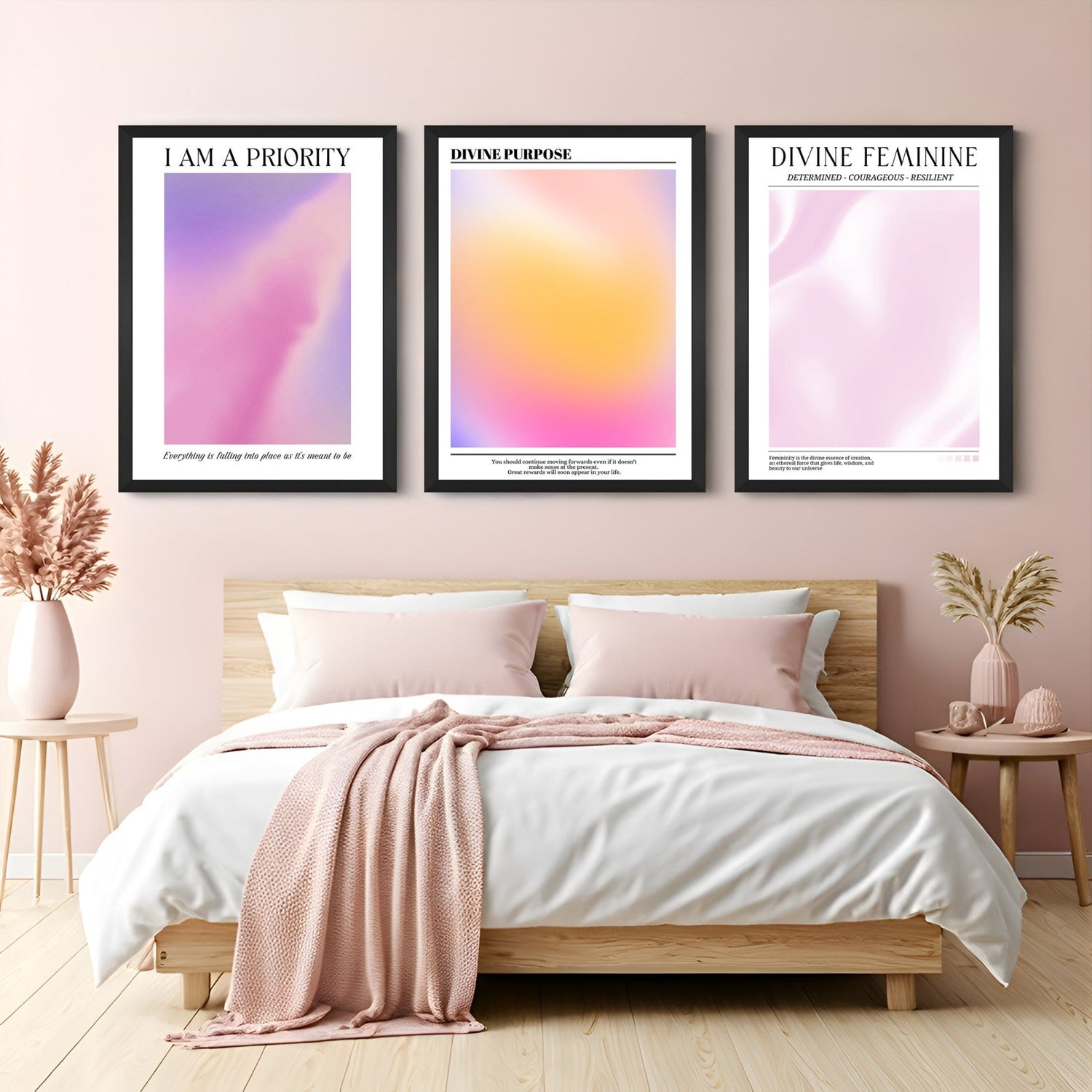 Set of 3 abstract aura canvas prints with soft energy-inspired colors – ideal for modern, calming interiors and spiritual wall decor
