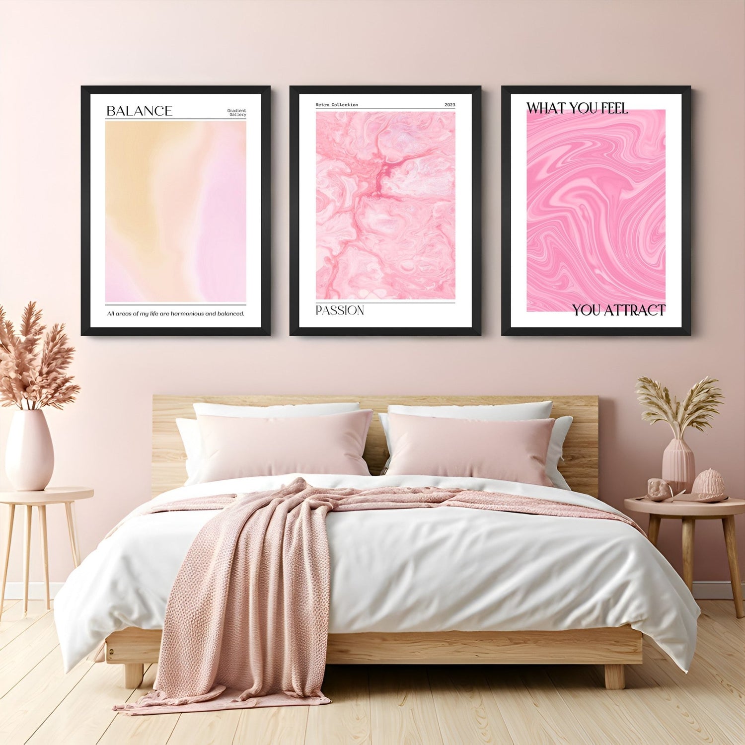 Set of 3 canvas prints showing abstract aura vibes with glowing color blends and energy fields – perfect for calm and modern home or meditation decor