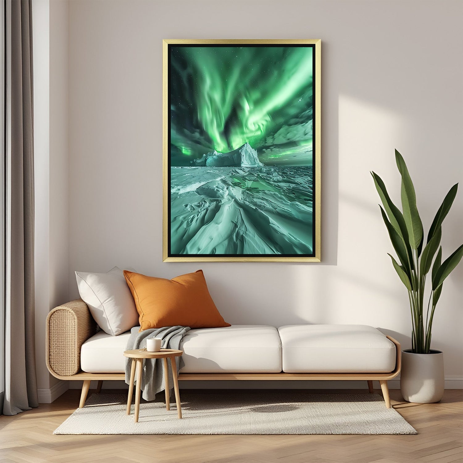 Northern lights canvas wall art in golden frame, combining green aurora and white sands for a tranquil and dreamy wall decor piece