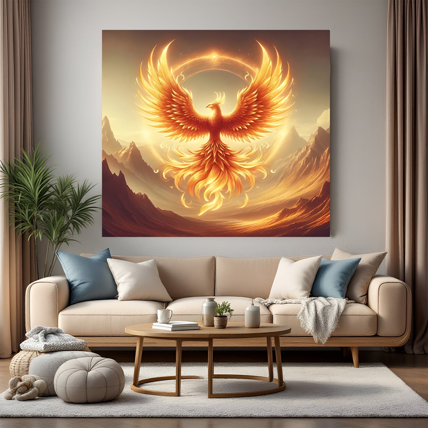 Square golden phoenix wall art rising above mountain landscape with radiant halo at sunrise