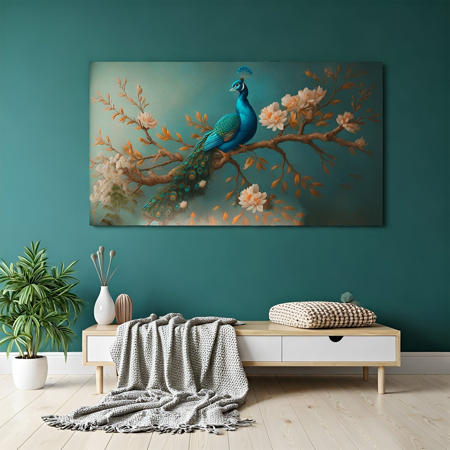 vastu canvas painting of a colorful peacock to attract grace positivity and spiritual energy for home and office wall decor