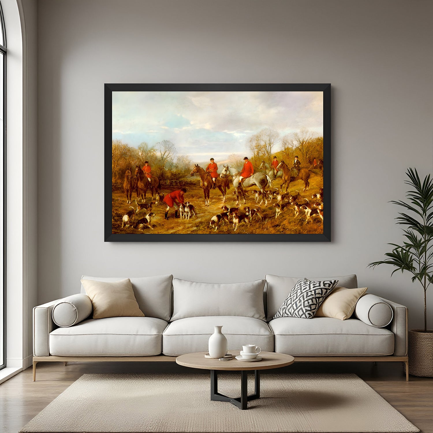 Black-framed vintage art of English fox hunt in autumn—canvas print with horses, riders, and orange trees