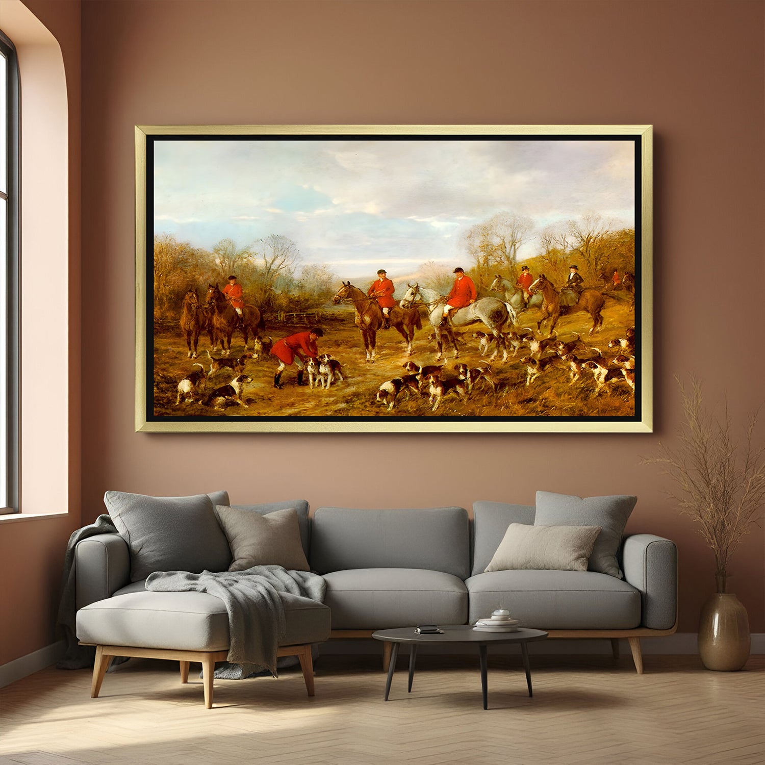 Golden-framed canvas wall art of autumn fox hunting meet—Heywood Hardy vintage painting with dogs and countryside charm