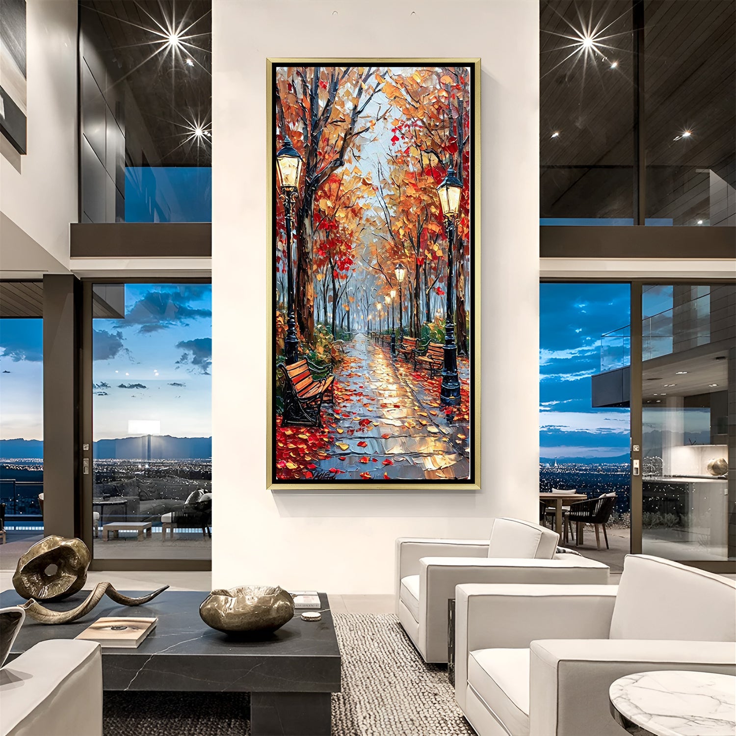 Autumn Nature Walk Hand Painted Canvas Wall Art with Pathway and Trees in Golden Floater Frame