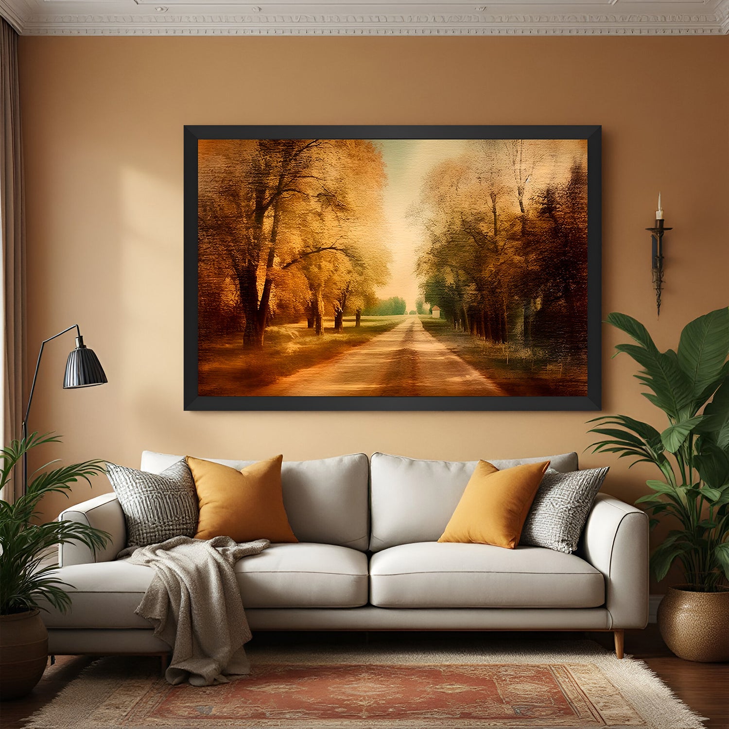Black-framed vintage autumn scene with pathway and orange foliage—canvas print for cozy seasonal interiors