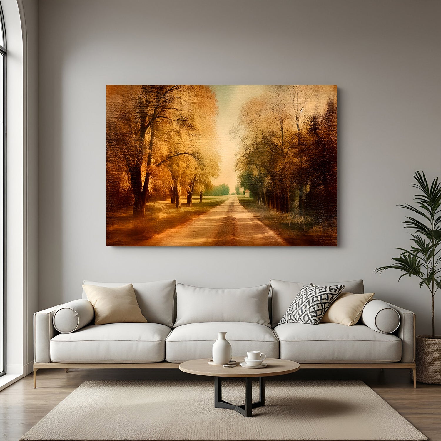 Vintage canvas wall art of a clear path lined with orange autumn trees—peaceful ancient-style fall landscape