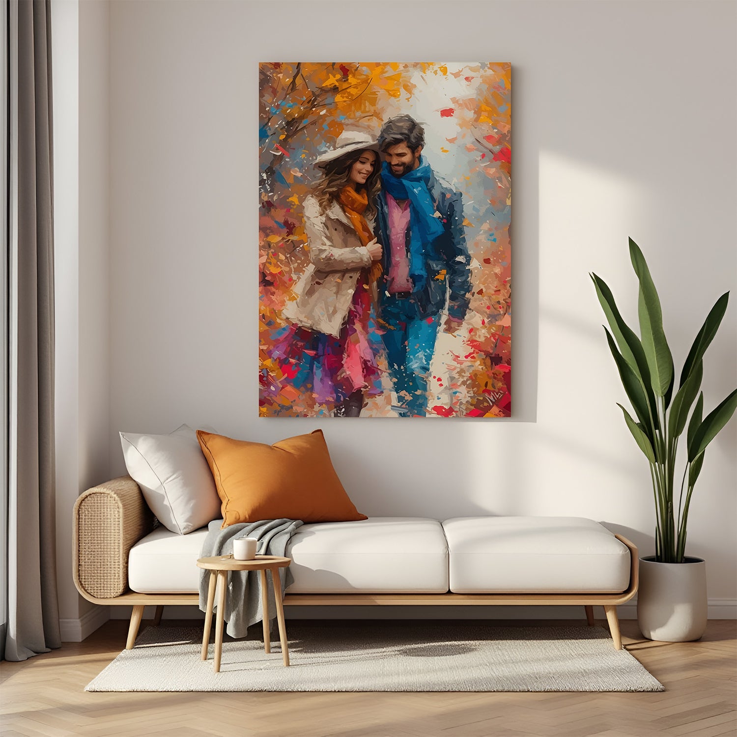 Autumn stroll couple canvas wall art wrapped on stretcher frame displayed in modern living room