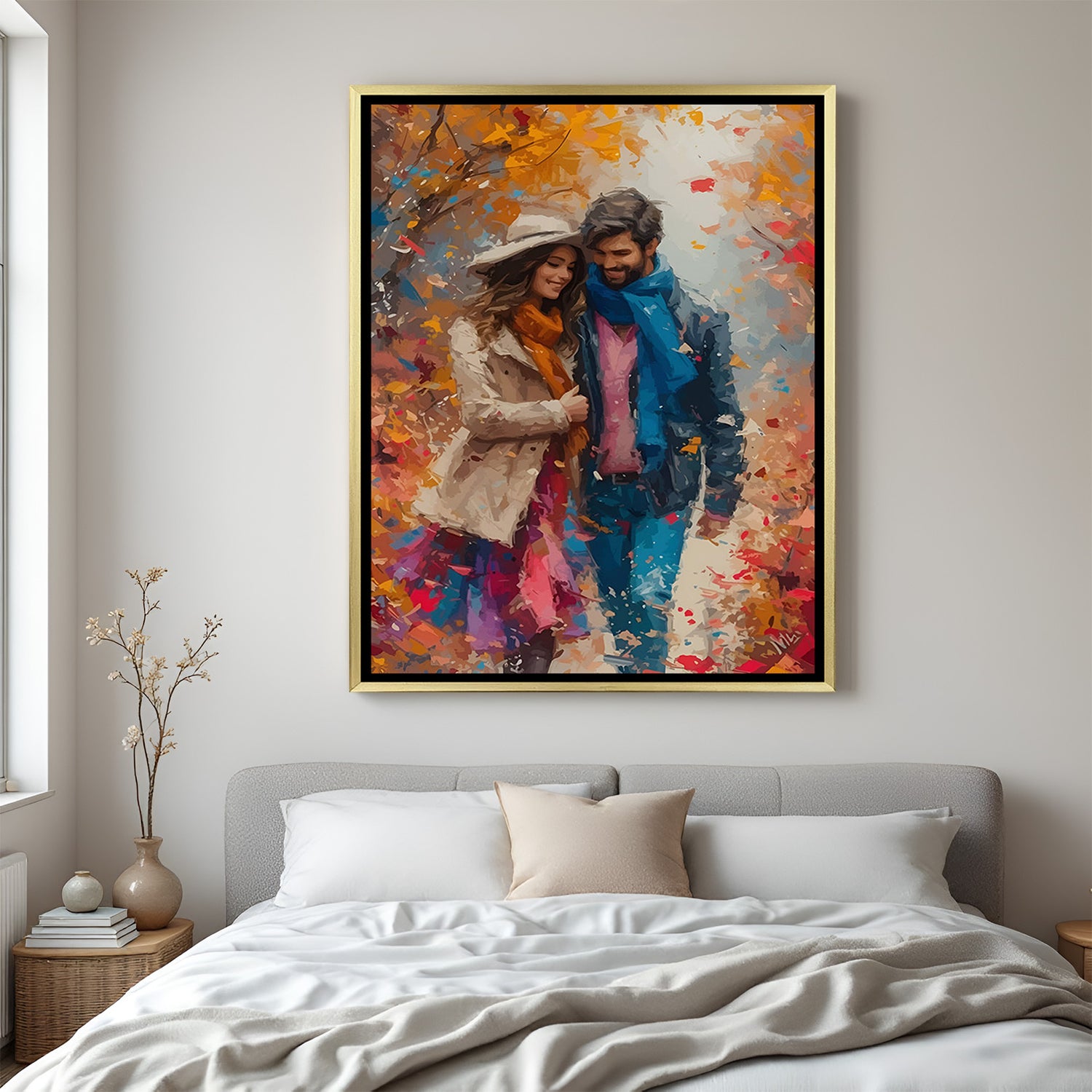 Autumn stroll couple canvas wall art in golden floater frame showcasing luxury wall decor