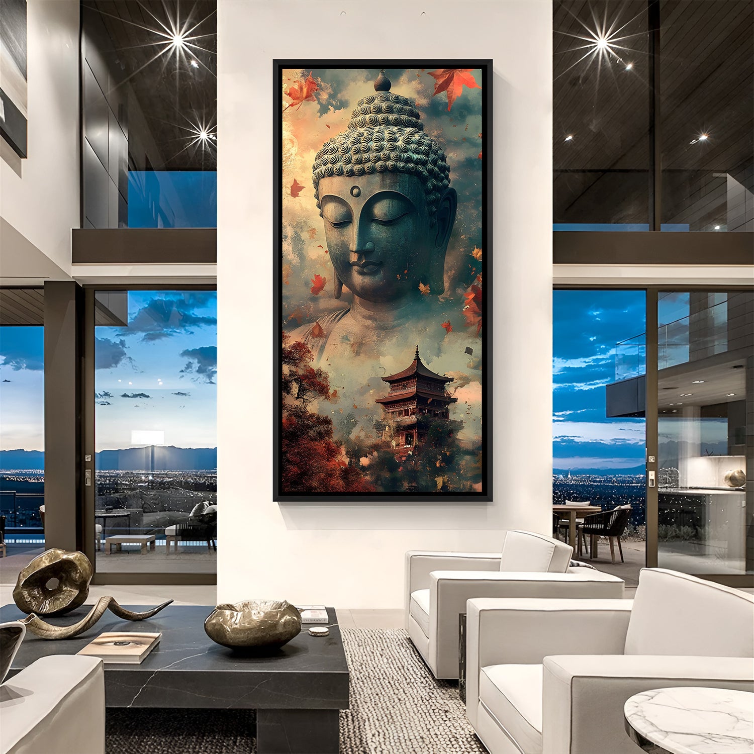 Spiritual Buddha and temple artwork in black floater frame with rich fall colors.