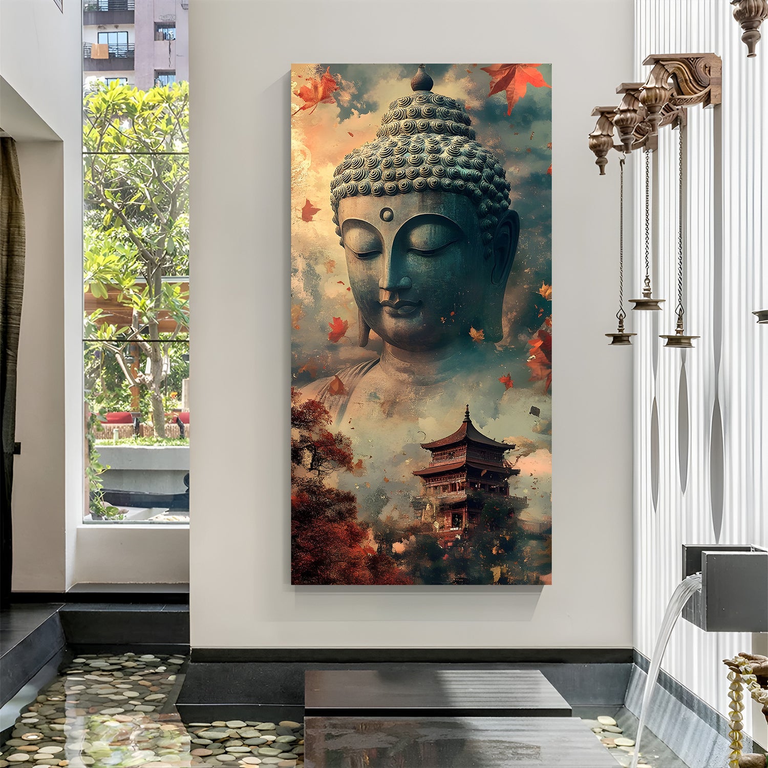 Vertical Buddha wall art with autumn leaves and temple scene in canvas wrapped frame.