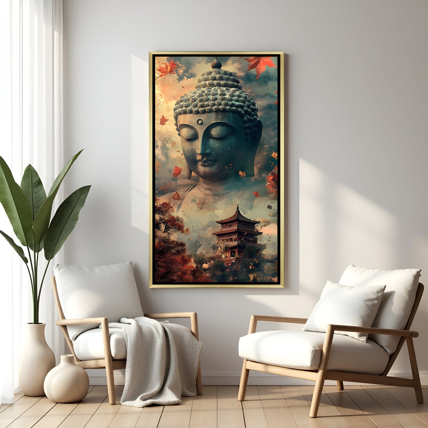 Alt Text
Luxury Buddha autumn canvas in gold floater frame featuring temple and falling leaves.