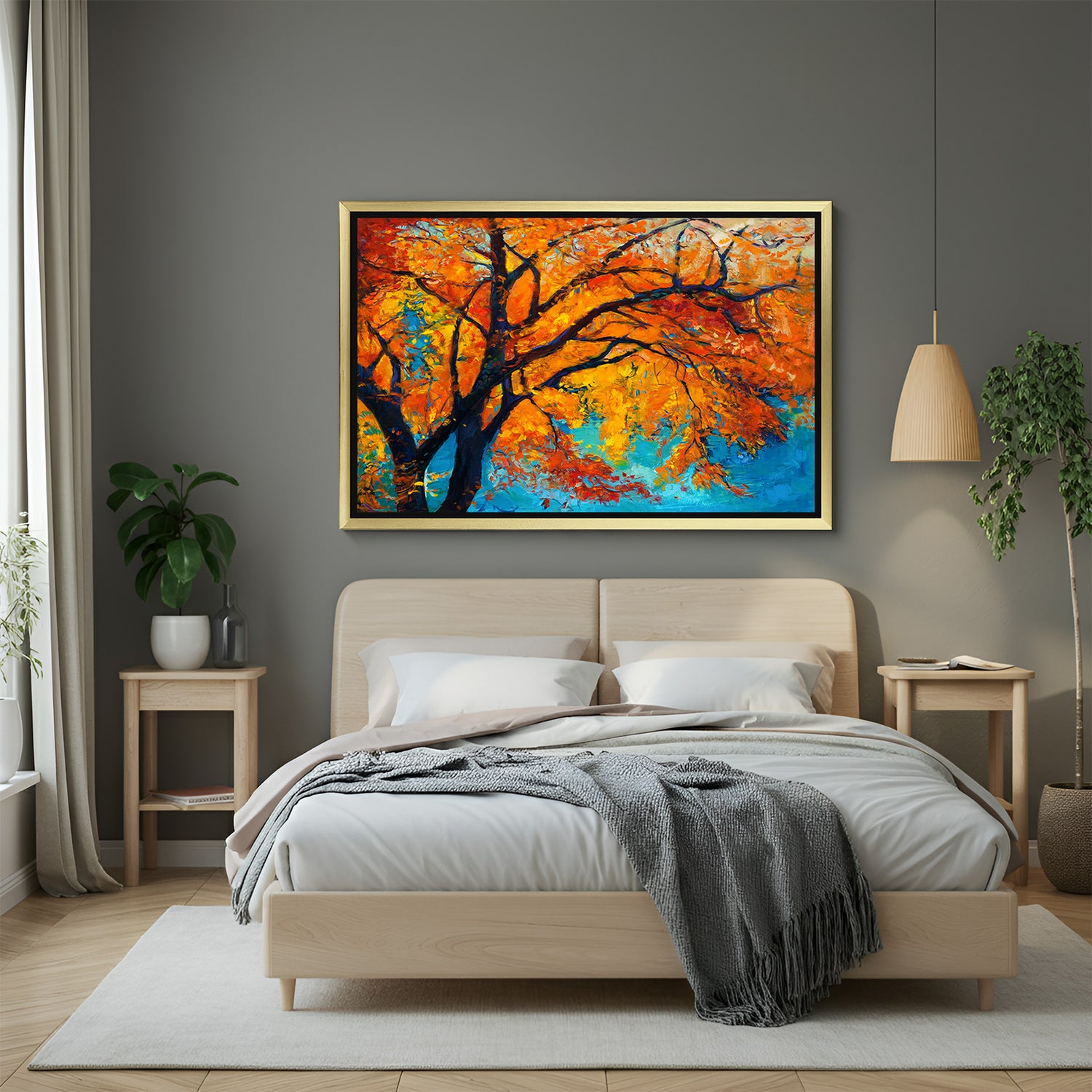Autumn tree hand painted canvas wall art with vibrant orange leaves in golden floater frame