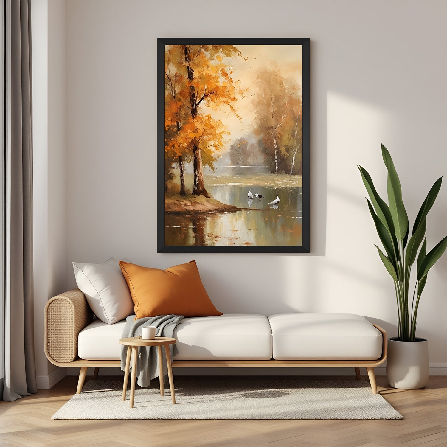 Black-framed canvas printed wall art of orange autumn trees reflected in calm water—vintage peaceful scene