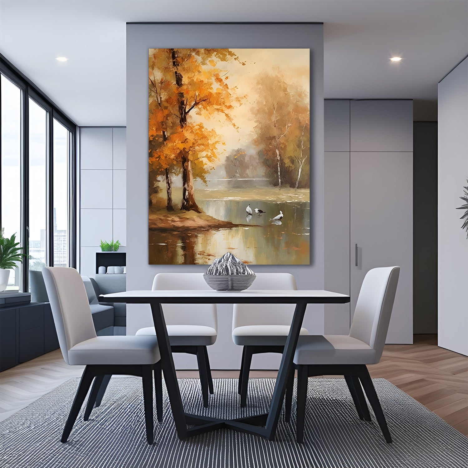 Vintage canvas art of autumn trees with orange leaves near a water body—ancient-style scenic wall decor