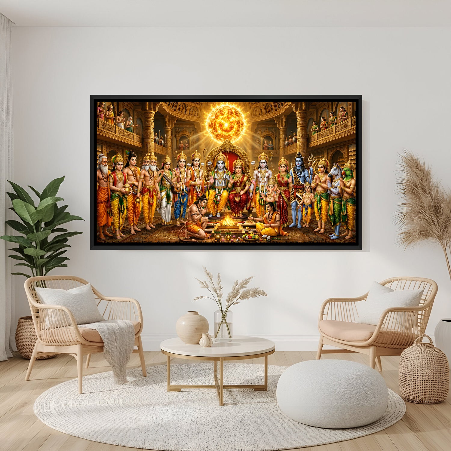 Ram Darbar devotional artwork in elegant black floater frame with Rama Sita Lakshmana Bharata Shatrughna and Hanuman