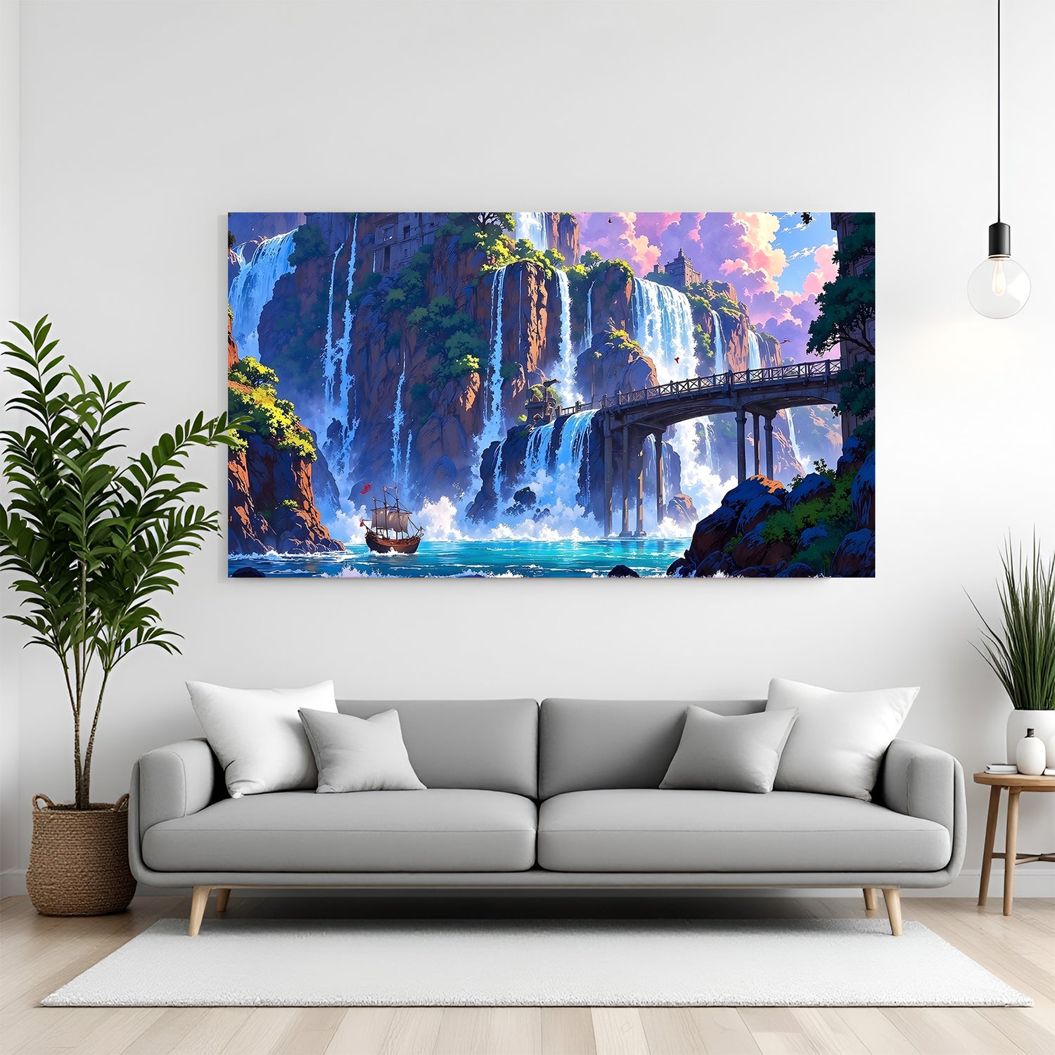 Serene waterfall flowing into a blue sea in an anime-inspired landscape in premium canvas wrapped frame