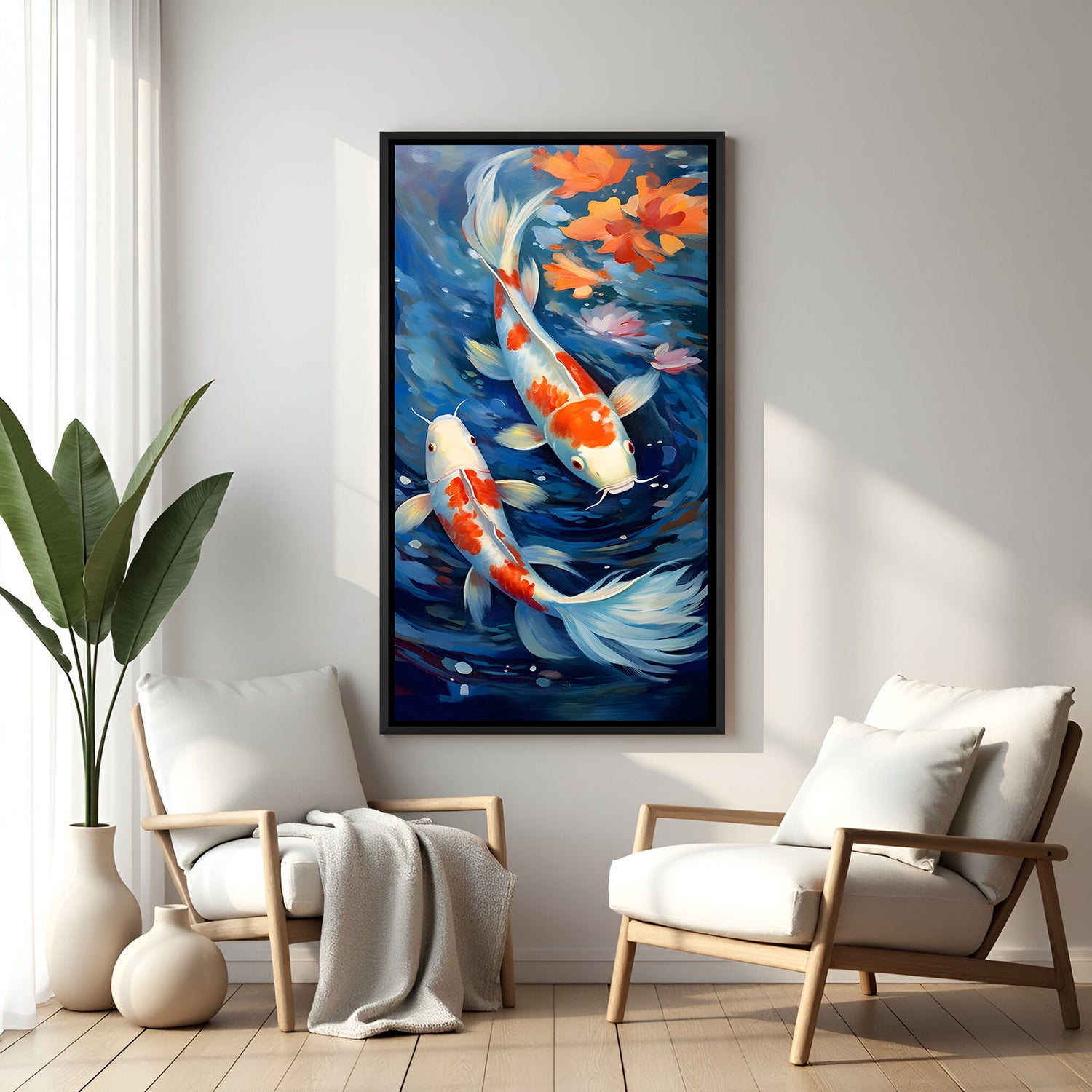 Vibrant orange and white koi fish wall artwork with deep blue aquatic background in elegant black floater frame