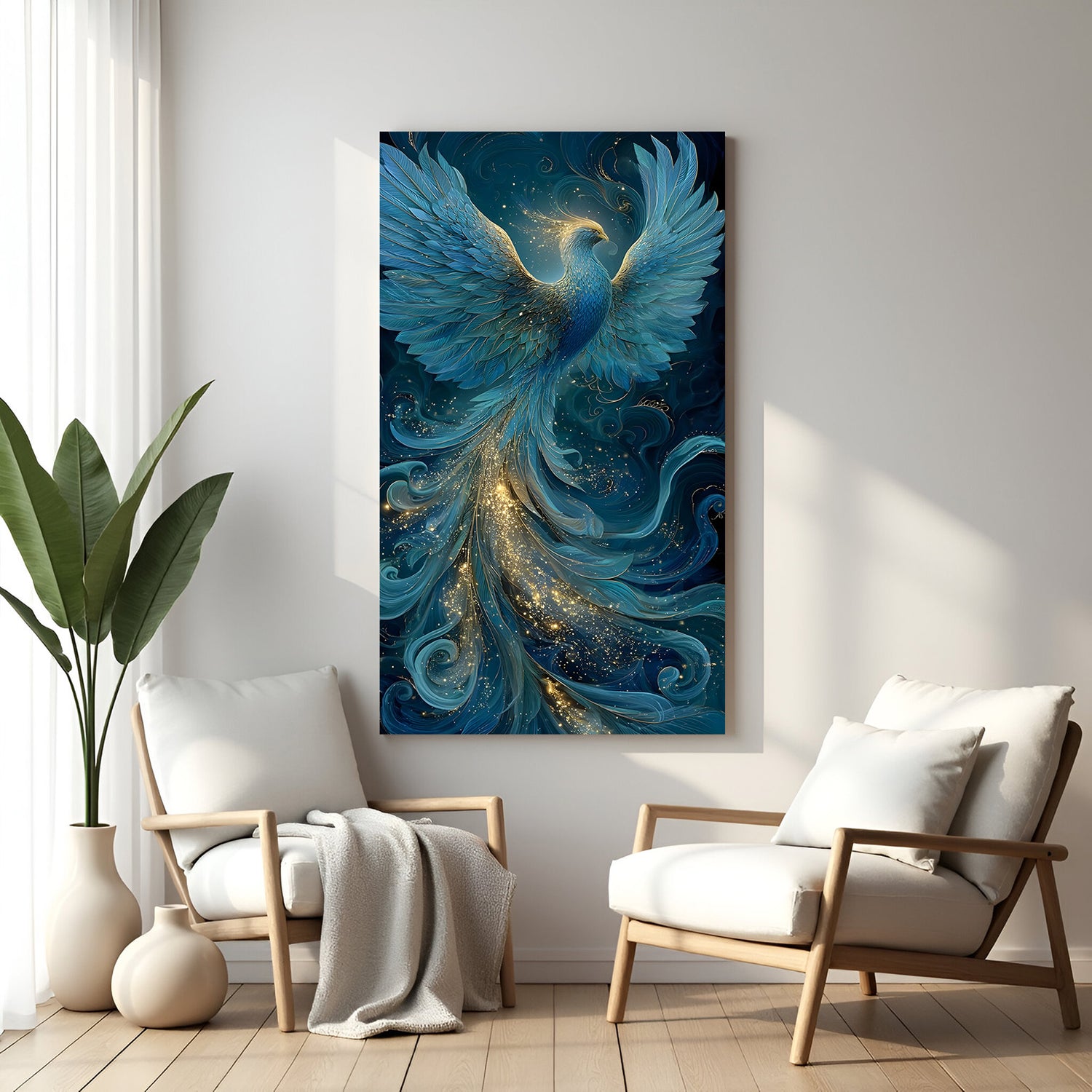 Vertical blue phoenix wall art with golden spark accents and flowing teal feather details.