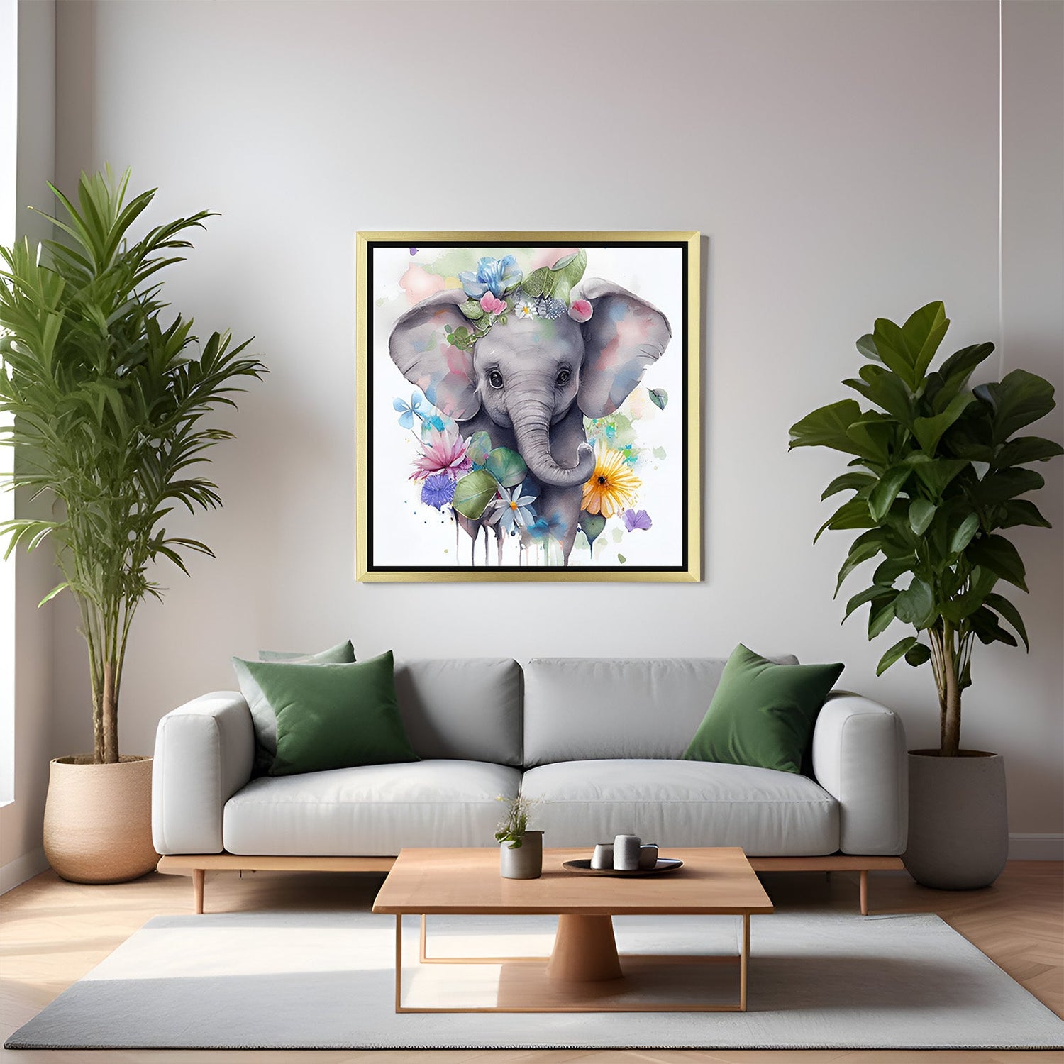 Playful baby elephant canvas in golden floater frame, soft painted style perfect for nursery decor and toddler-friendly spaces
