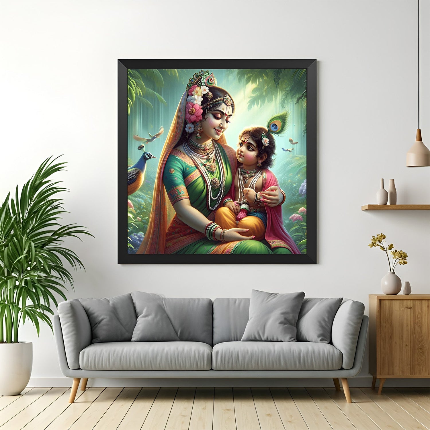 black frame vastu wall art of baby krishna and maa yashoda for home decor symbolizing love affection motherhood and divine blessings