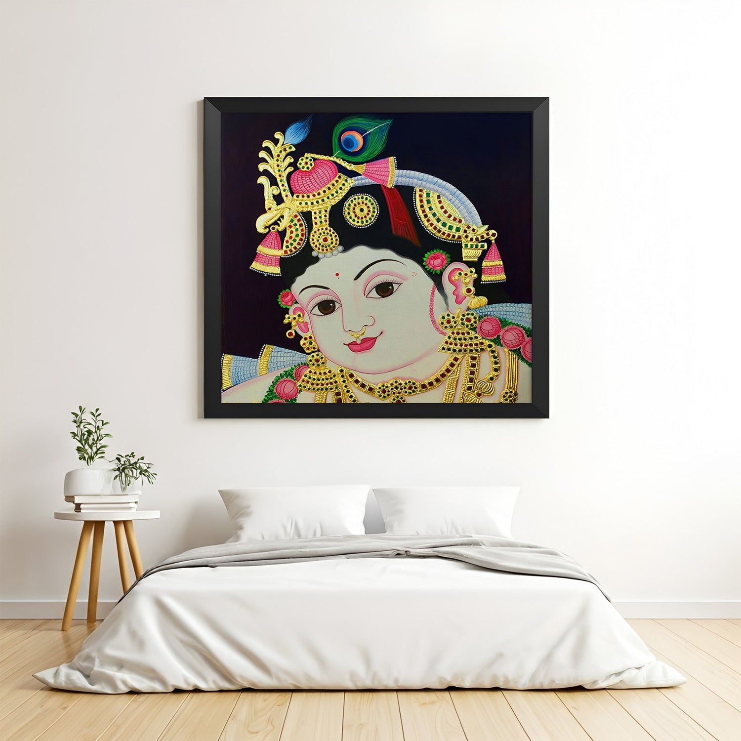 Black frame Bal Krishna Tanjore canvas painting featuring child form of Lord Krishna for devotional and cultural home interiors