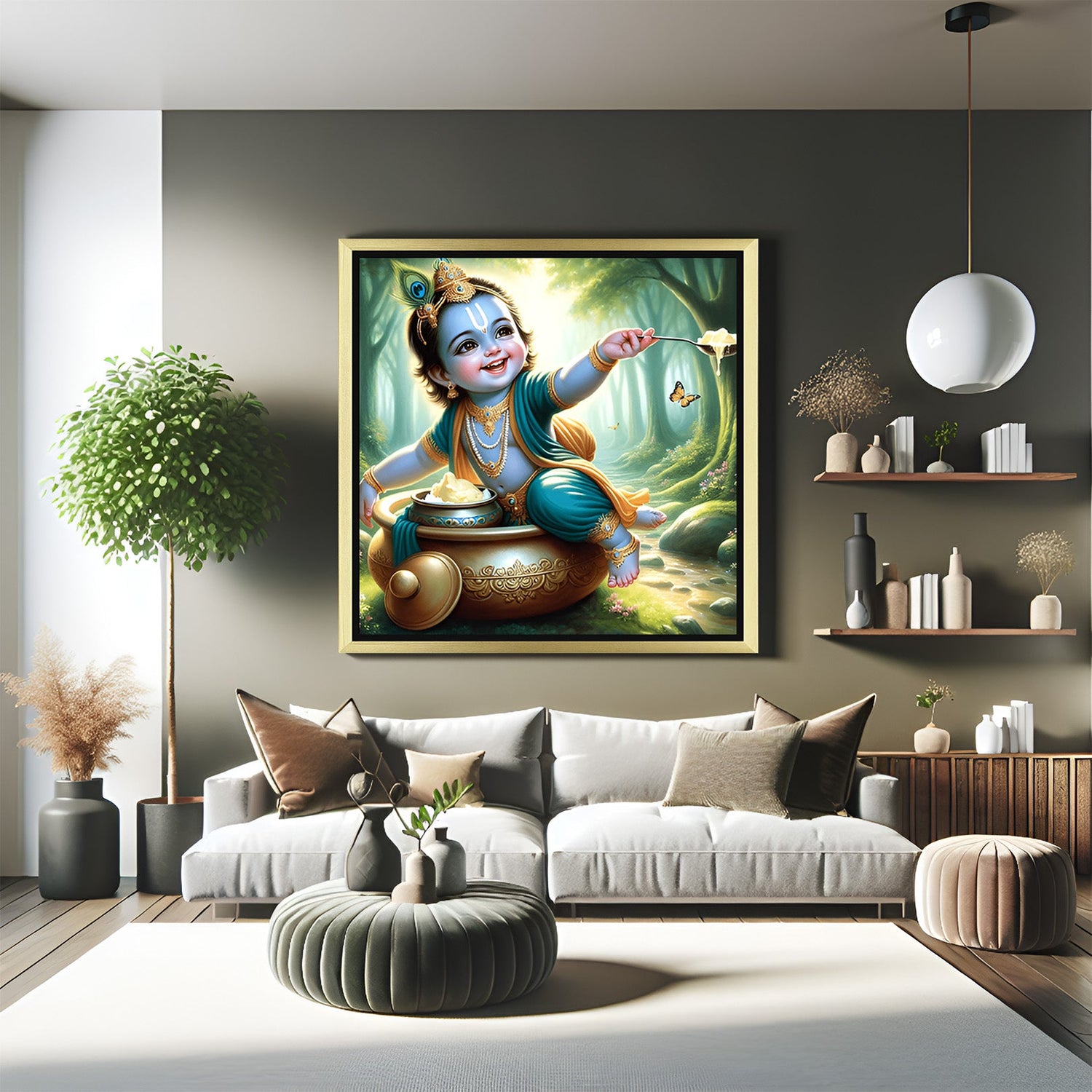 Bal Krishna Wall Art in golden floater frame for spiritual harmony, peace, and Vastu-inspired traditional Indian home decoration