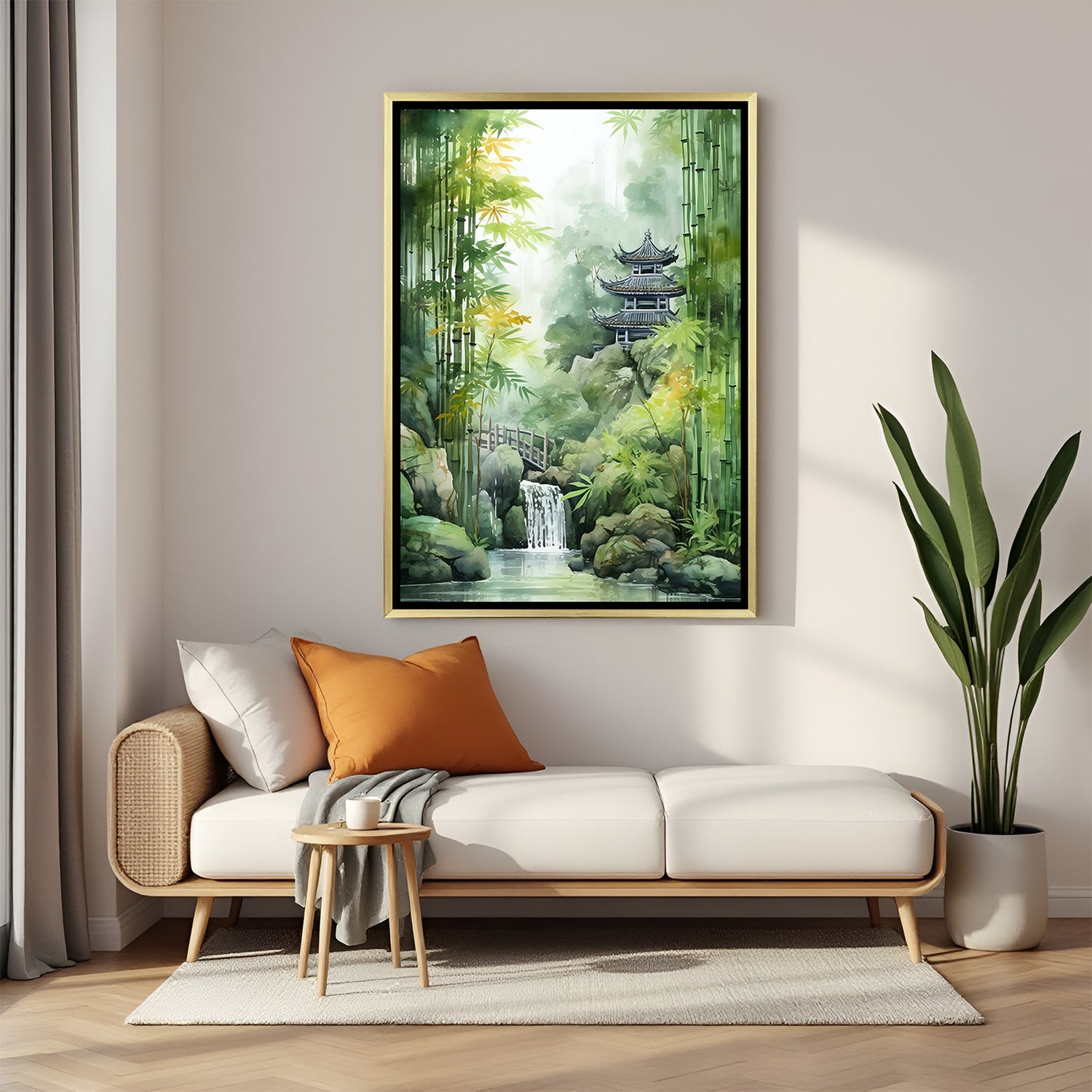 Asian-inspired pagoda painting with misty forest, waterfall, and bridge in luxurious golden floater frame
