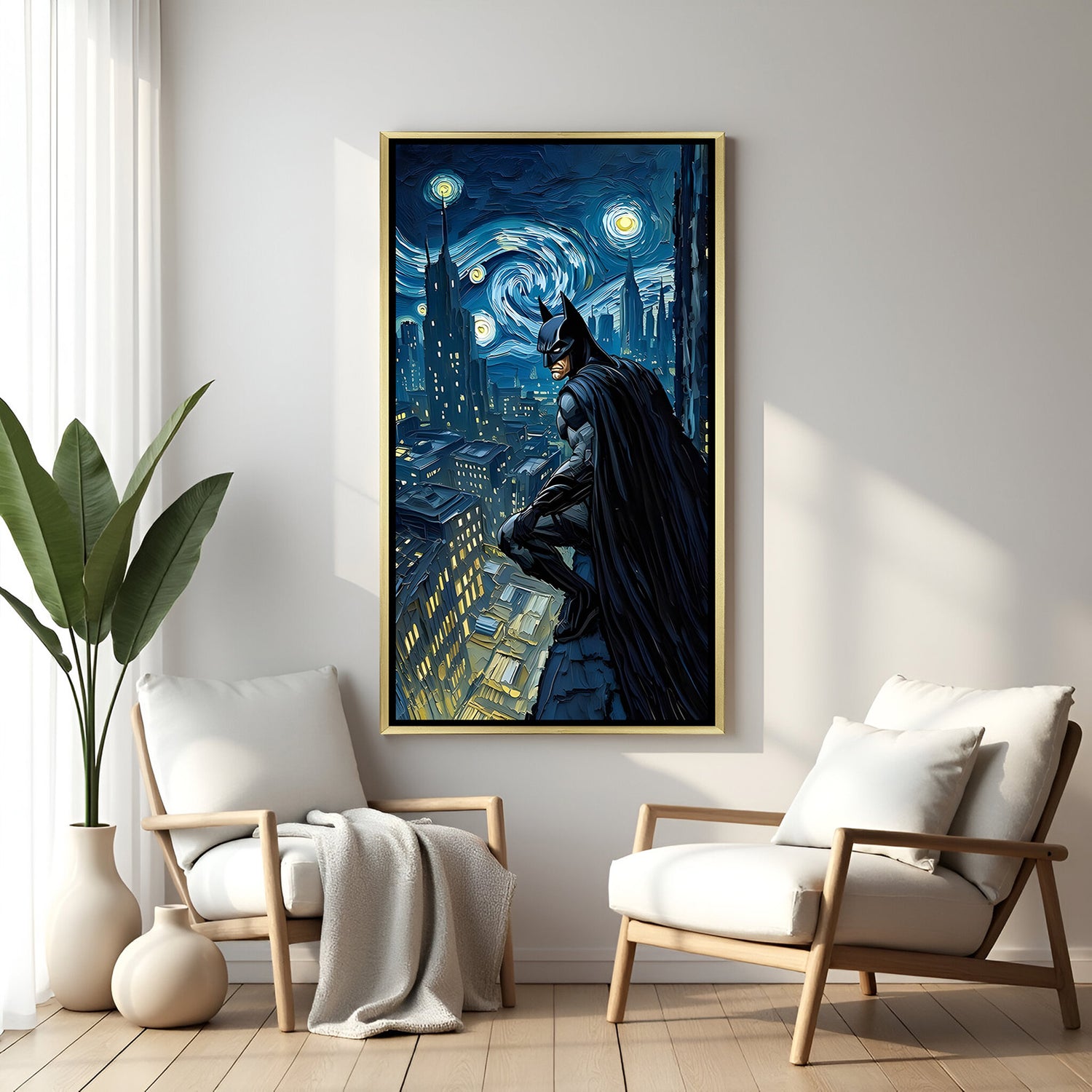 Batman wall art in luxury golden floater frame with Gotham city rooftop design