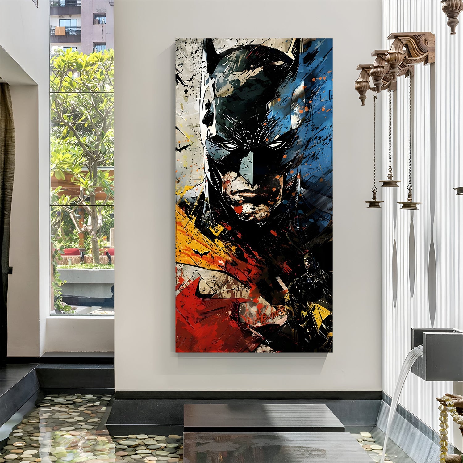 Batman Color Blast canvas painting with vibrant superhero artwork in canvas wrapped frame