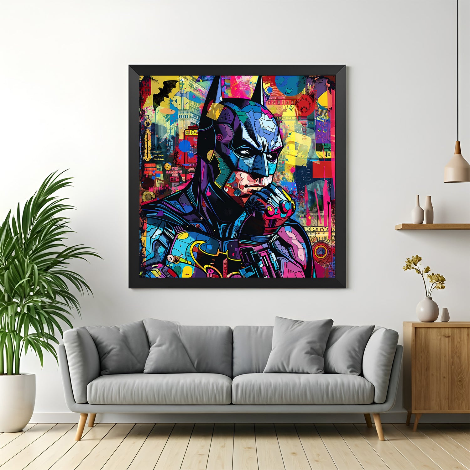 Framed version of Batman colorful modern art in black frame, featuring dynamic painted style for contemporary comic-inspired wall settings