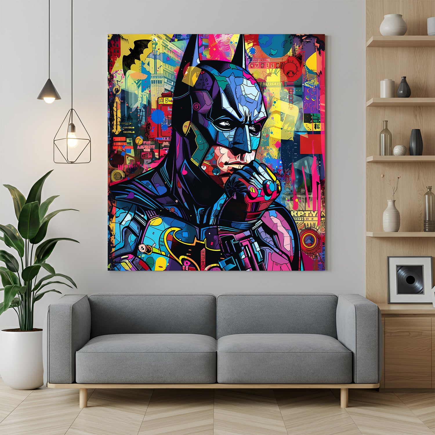 Batman reimagined in a colorful modern painted style, full of vibrant tones and bold brushwork—perfect superhero wall decor for striking interiors