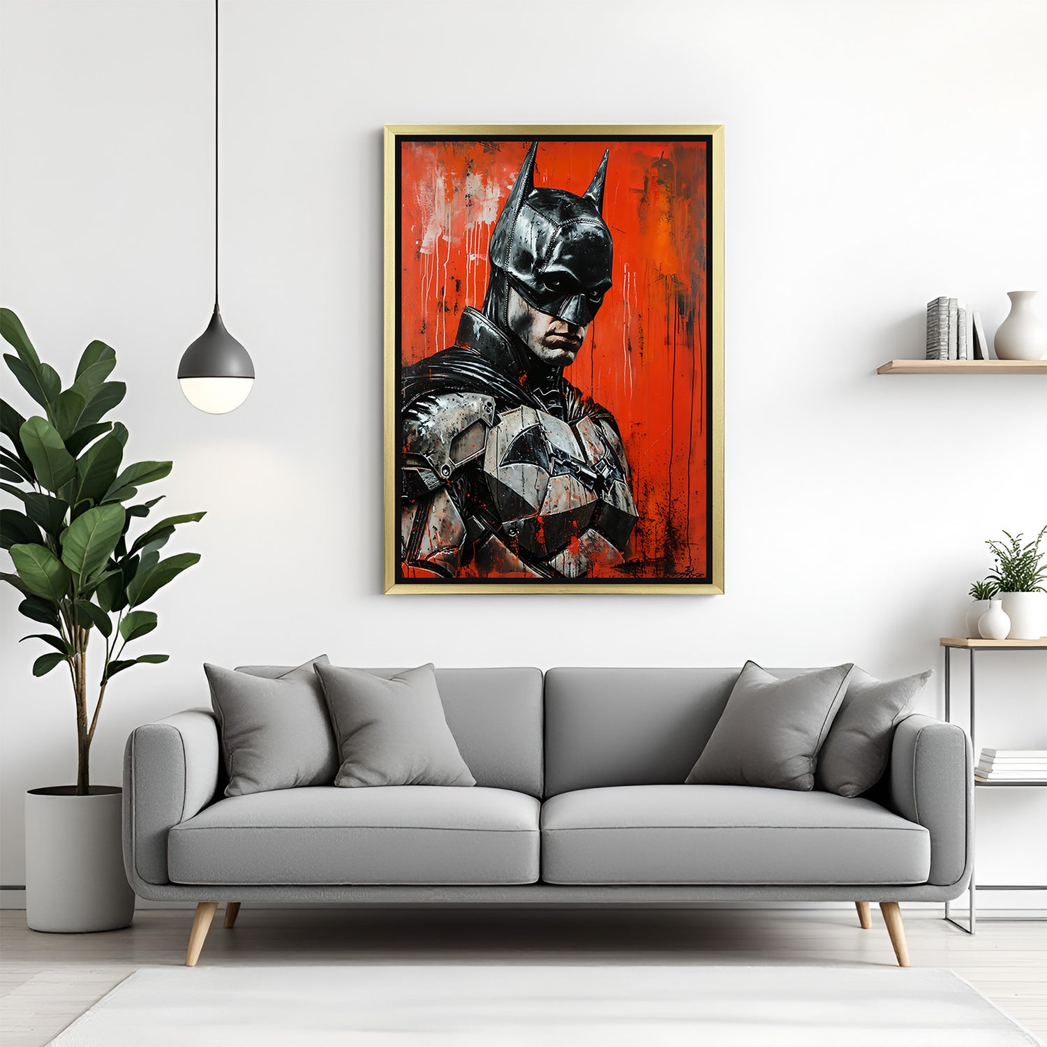 Golden-framed canvas of Batman in painted style, ideal for heroic and stylish interiors with a premium, dramatic modern art aesthetic