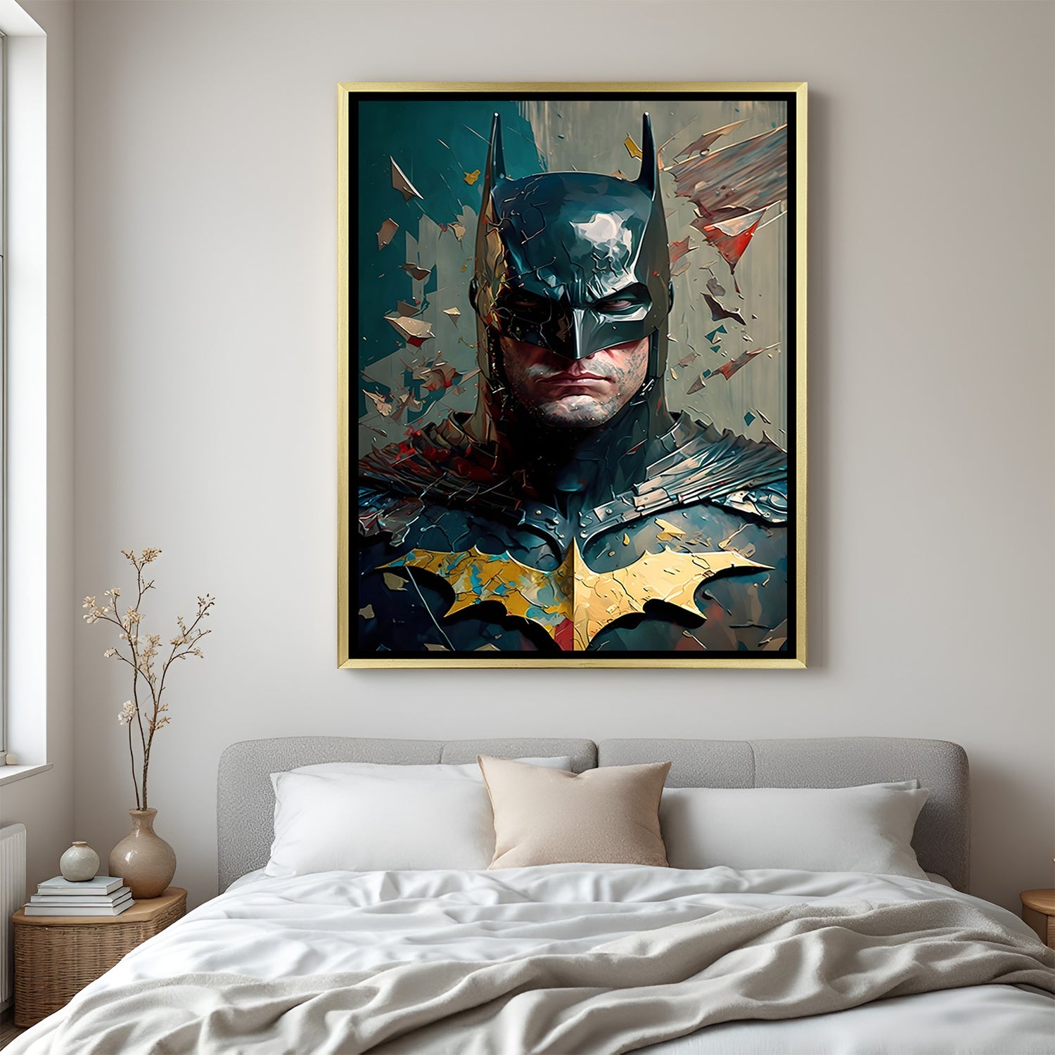 Batman wall art in luxury golden floater frame with futuristic glitch superhero design