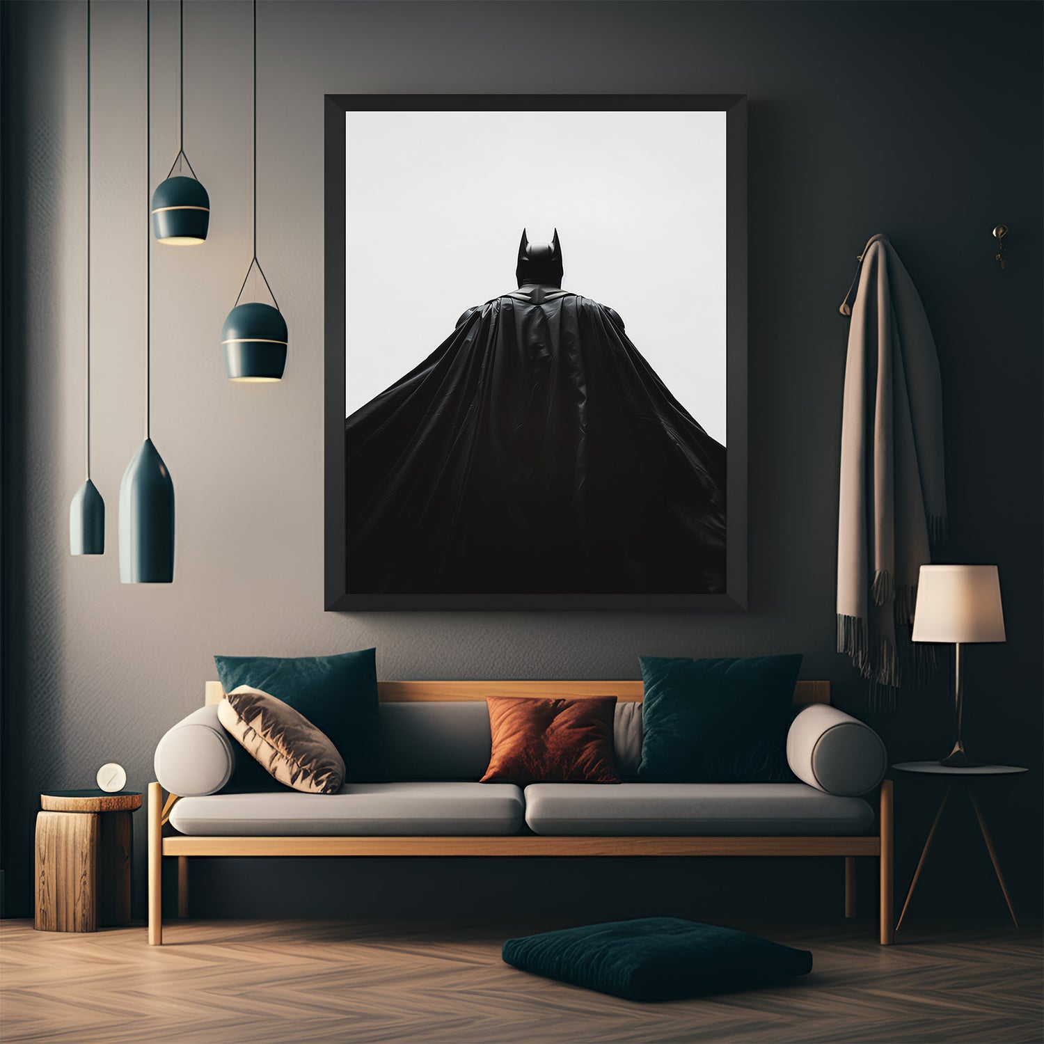 Canvas of heroic Batman in black frame, showing strong comic-inspired visuals for dynamic and bold home or office wall decor