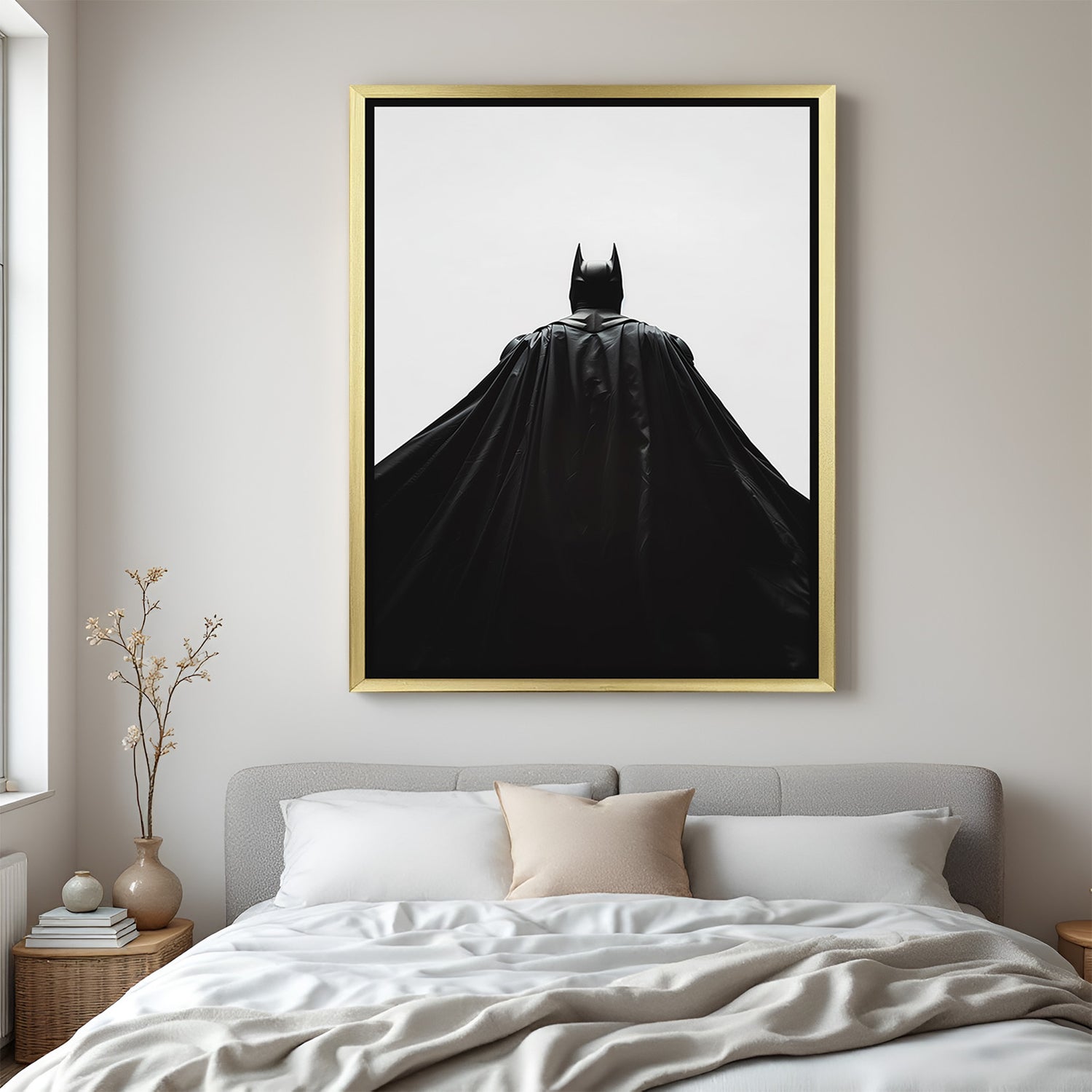 Golden framed modern art of Batman in heroic style, ideal for dramatic interior settings and fans of iconic superhero wall decor