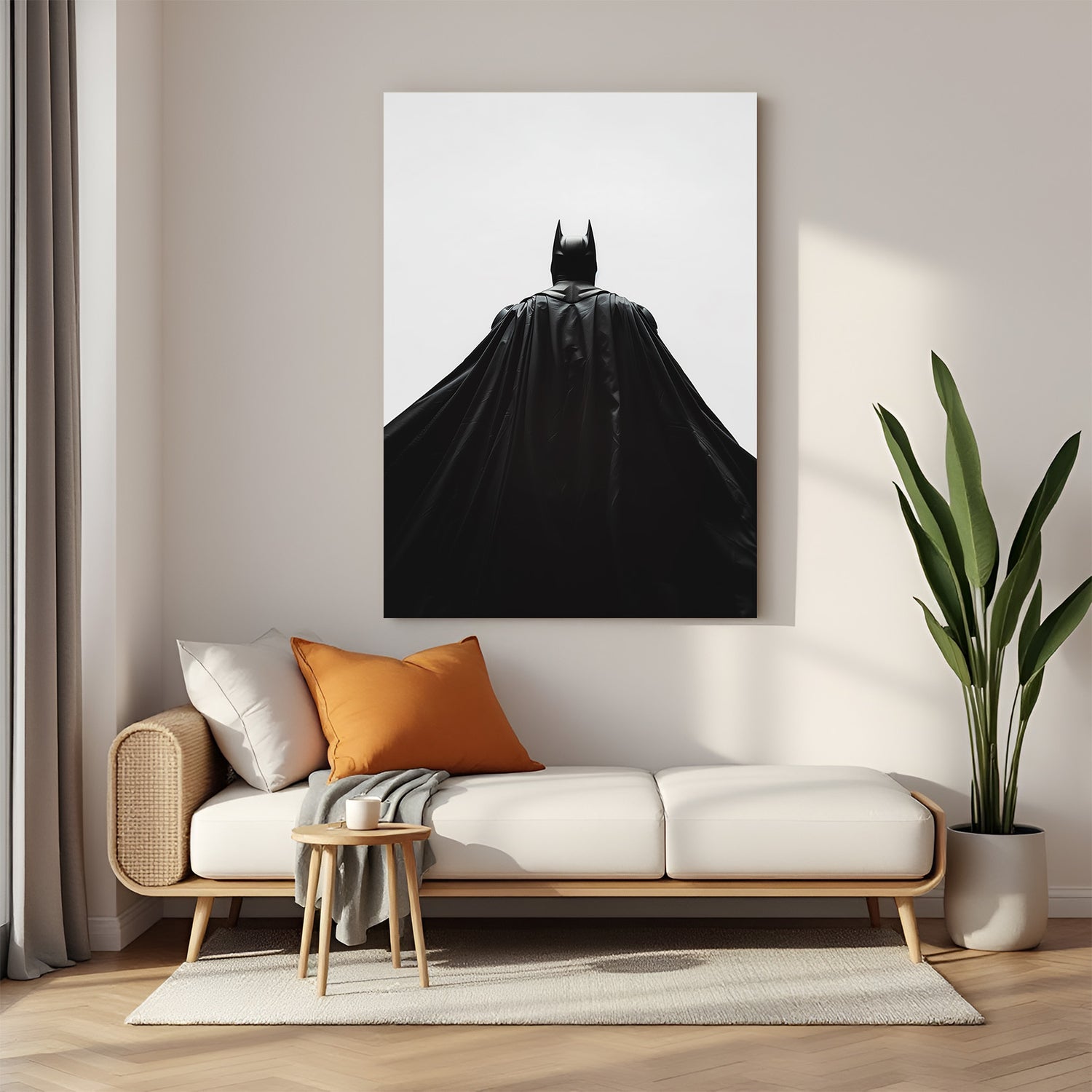 Batman standing heroically in a powerful pose, depicted in modern art style with bold contrast and urban background—perfect for superhero-themed decor