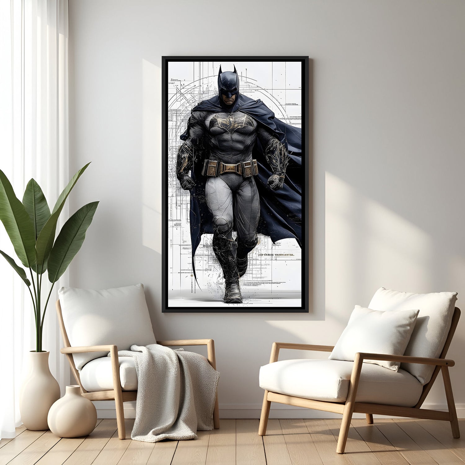 Batman Minimal White superhero canvas artwork in premium black floater frame