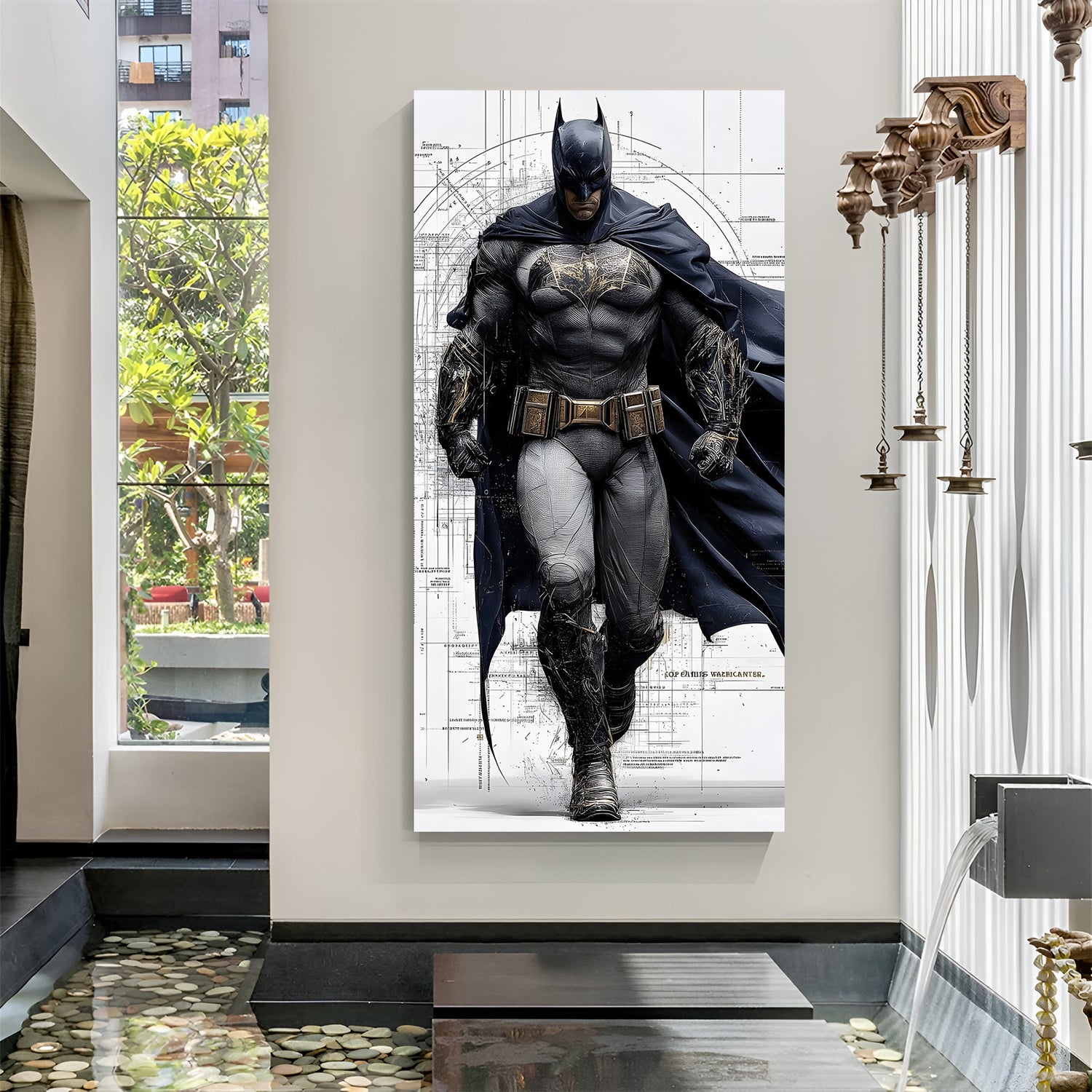 Batman Minimal White canvas painting with superhero artwork in canvas wrapped frame