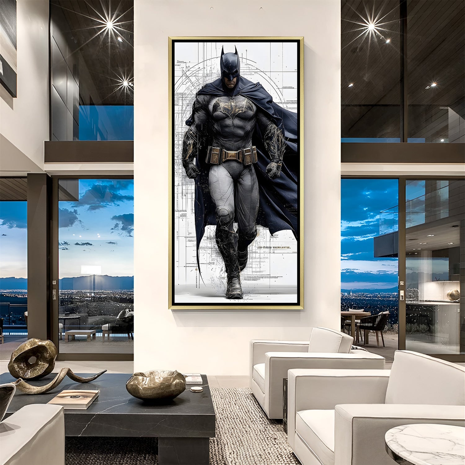 Batman wall art in luxury golden floater frame with minimal white superhero design