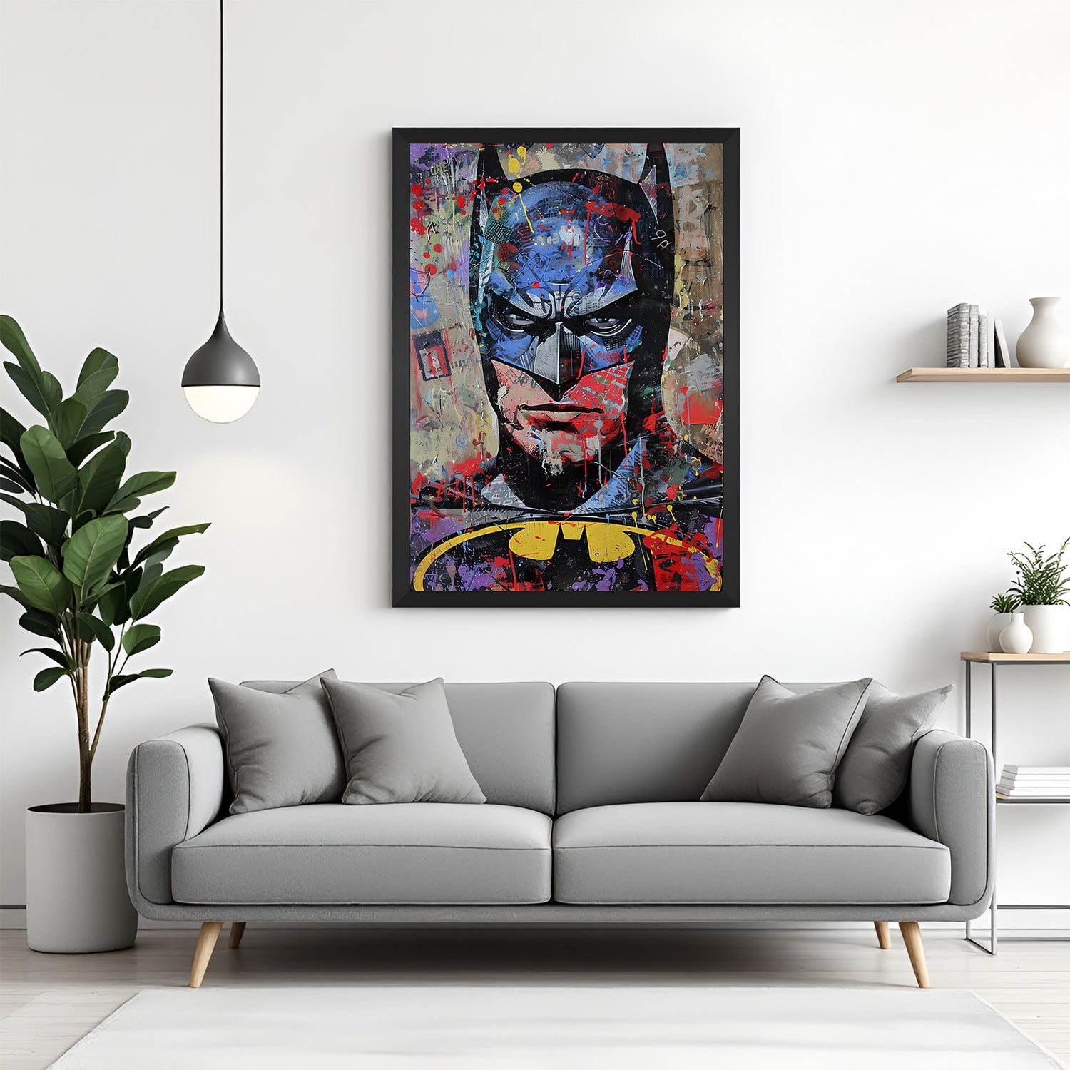 Framed Batman canvas artwork in black floater frame, combining comic book inspiration with modern interior style for office, bedroom, or game room decor