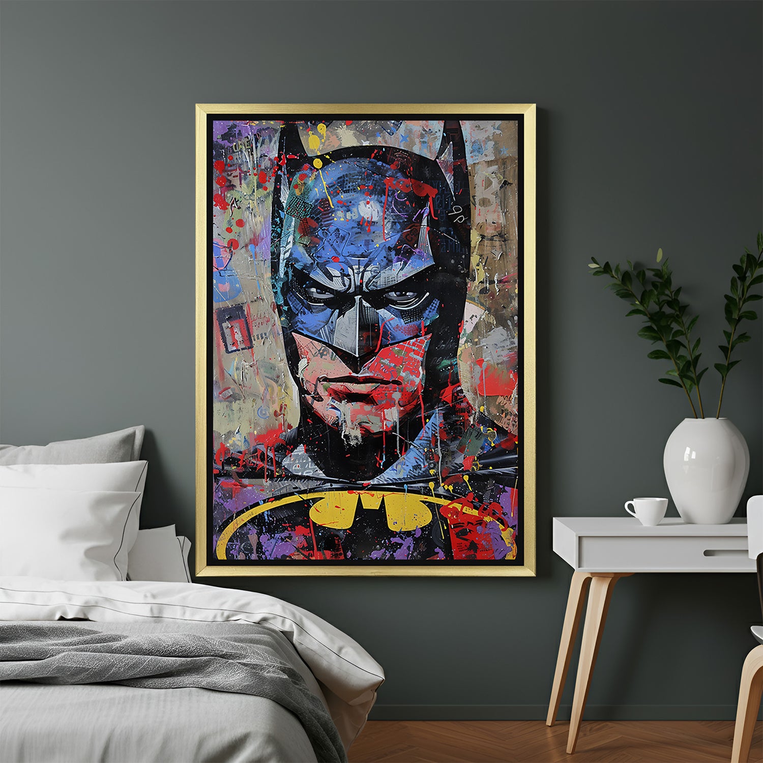 Batman wall art in gold frame with edgy modern design, ideal for premium home decor, superhero-themed spaces, and fans of iconic canvas prints