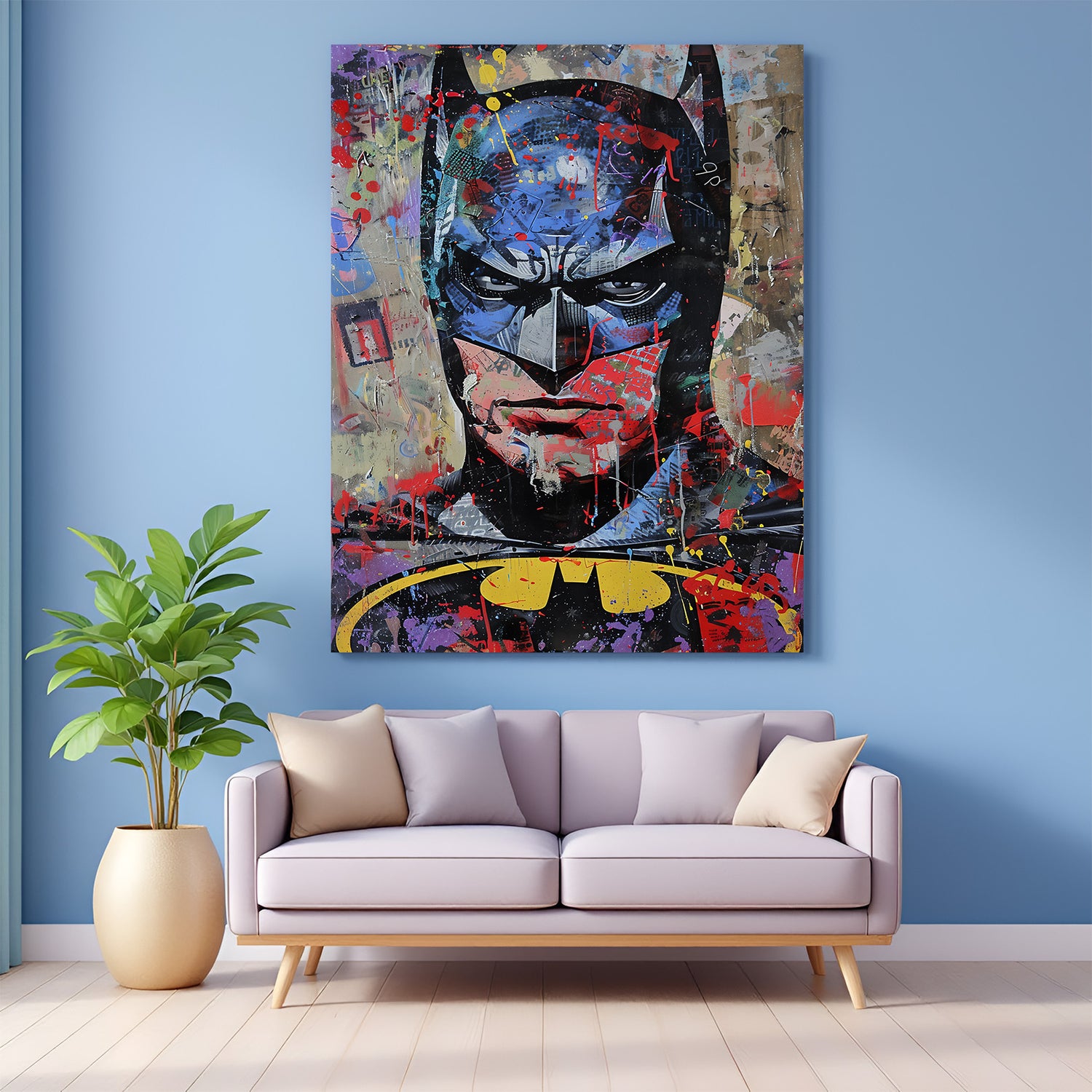 Modern art canvas of Batman in dramatic silhouette with graphic styling and bold tones, perfect for superhero fans and masculine wall decor