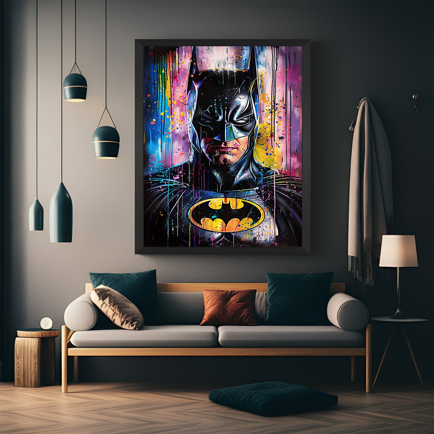 Framed Batman artwork with colorful splash-painted effect, showcasing modern superhero decor in a bold black frame for urban interiors
