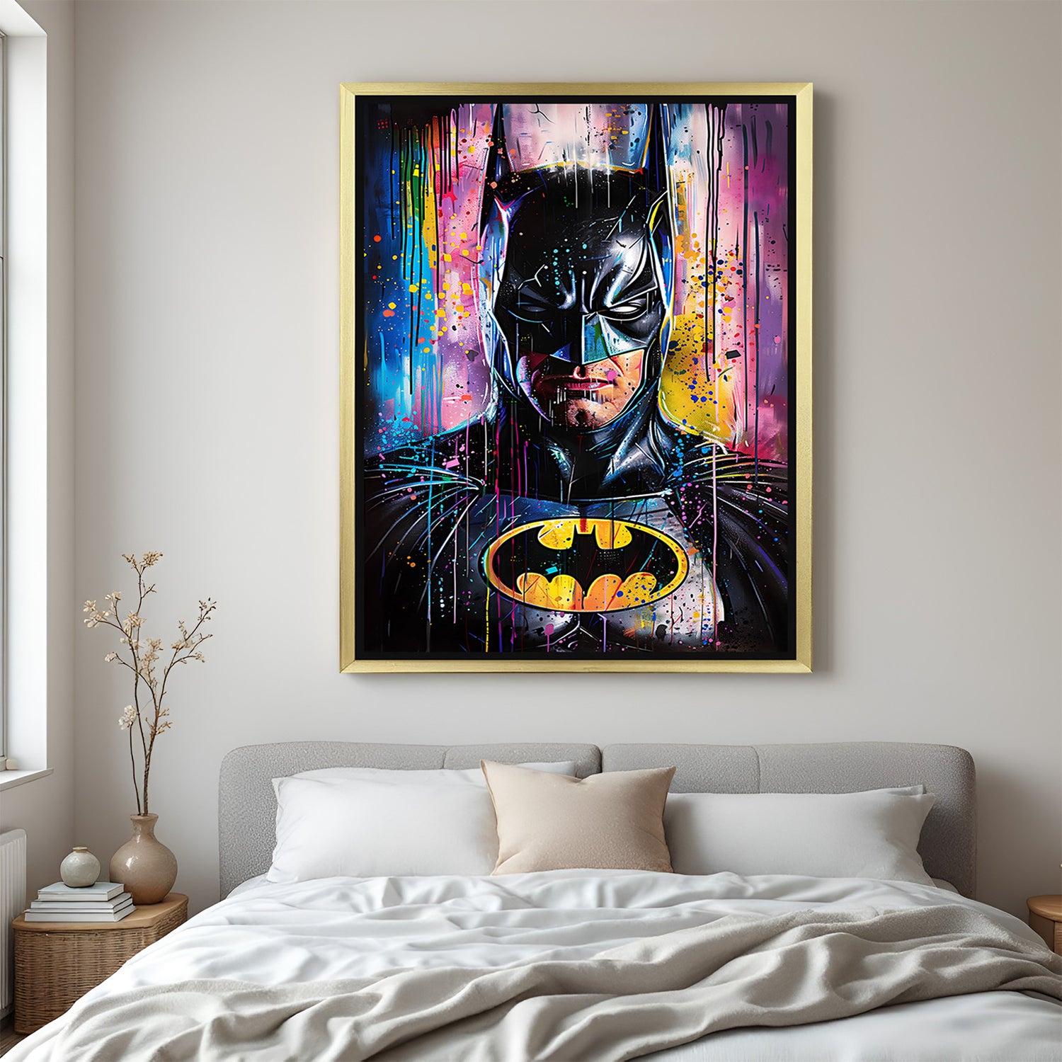 Golden framed Batman modern art canvas with expressive splash painting style, perfect for stylish pop culture wall decor